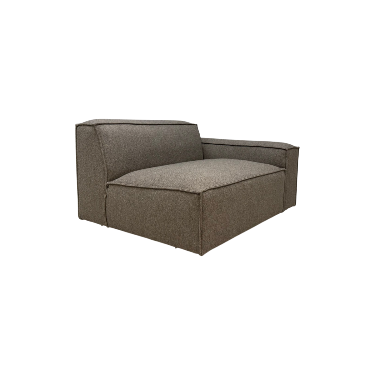 Vetro Modular RAF Chair in heathered brown fabric, angled front view highlighting the oversized seat, low profile and structured right arm.