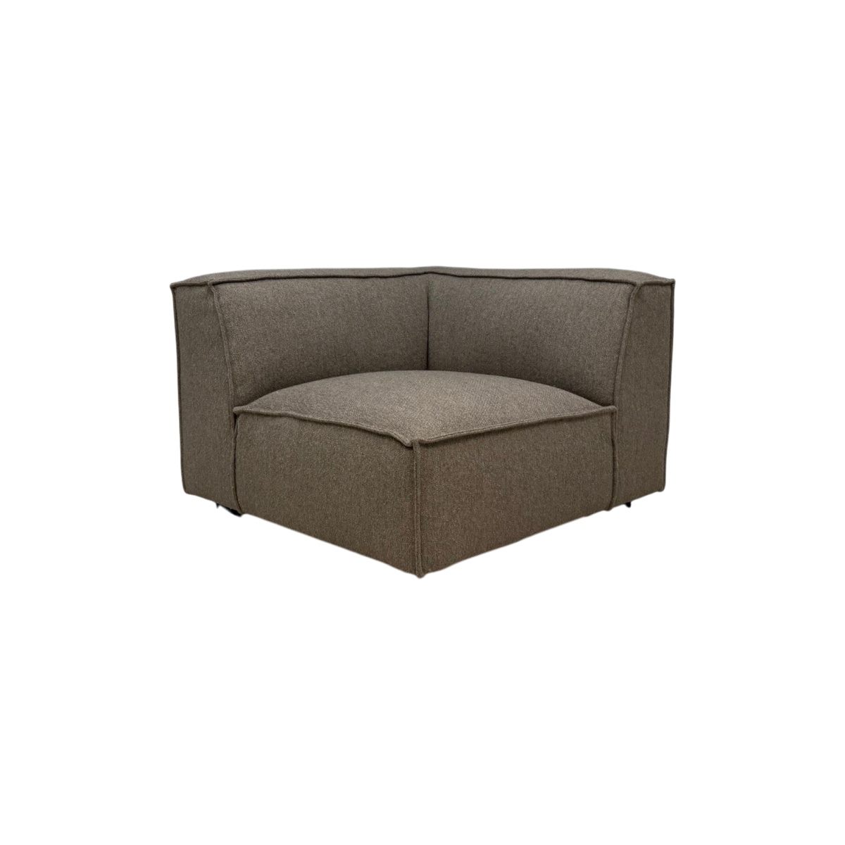 Vetro Modular Corner Chair in rich heathered brown upholstery, shown from the front with a deep low-slung seat, wraparound track arms and piped edges.