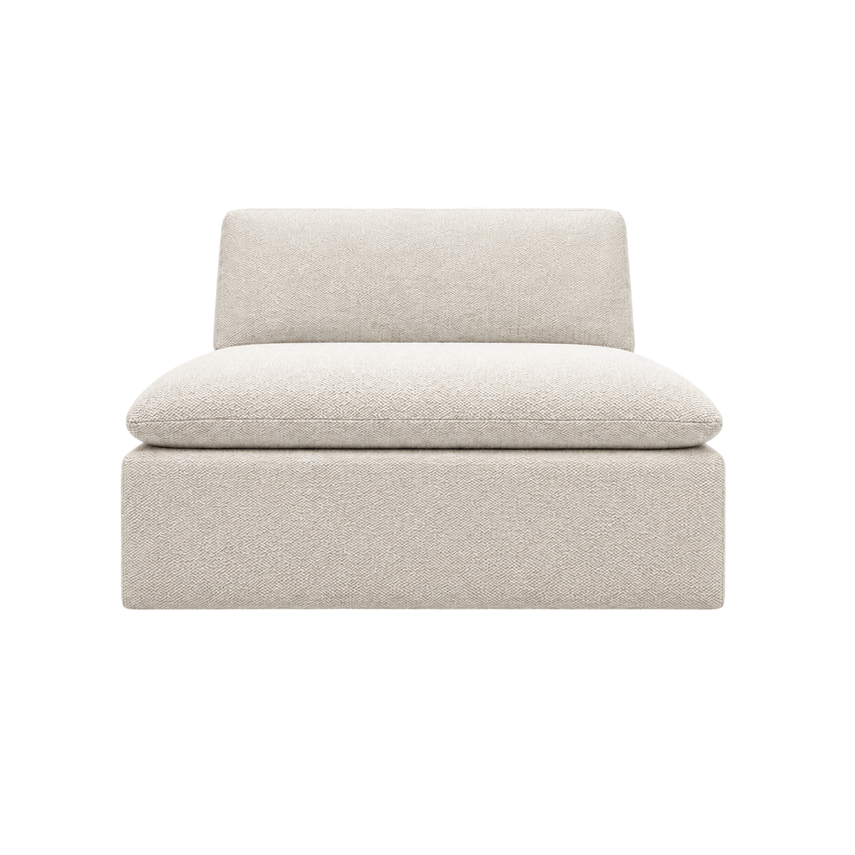 Tempo Modular Armless Chair shown from the front in heathered greige textured upholstery, with an open armless profile, a pillowy seat cushion and a loose back cushion