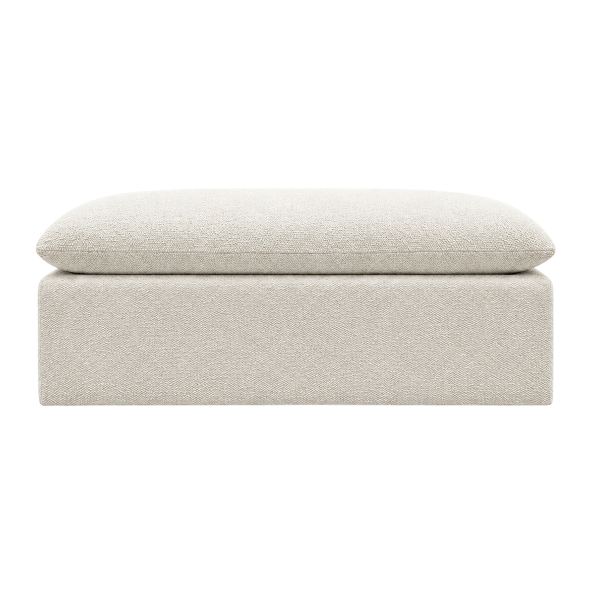 Tempo Modular Ottoman shown from the front in heathered greige textured upholstery, with a single oversized pillowy cushion resting on a clean, boxy base.