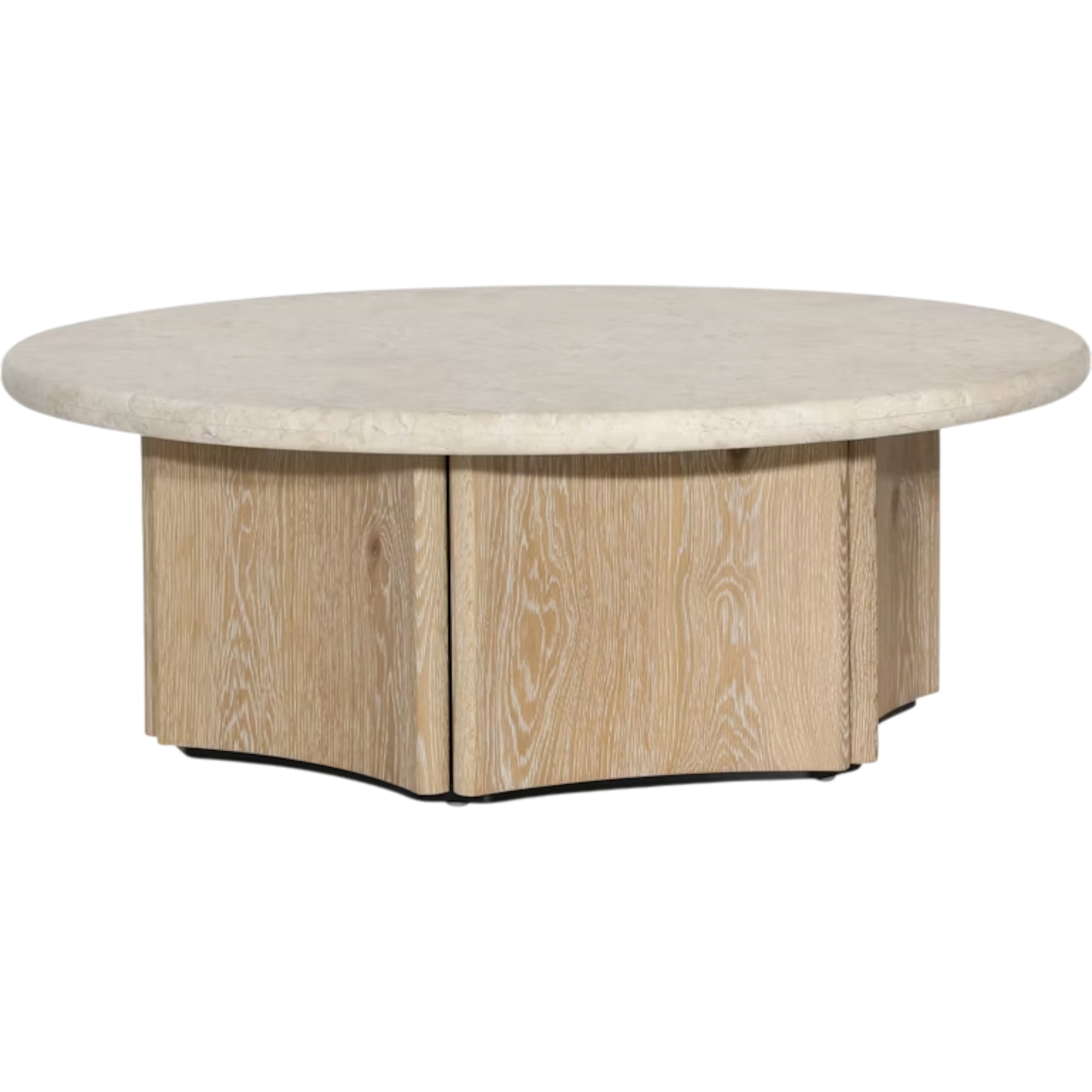 Aldridge Coffee Table with a broad oval pale stone top and sculptural light-oak base formed from gently concave panels.