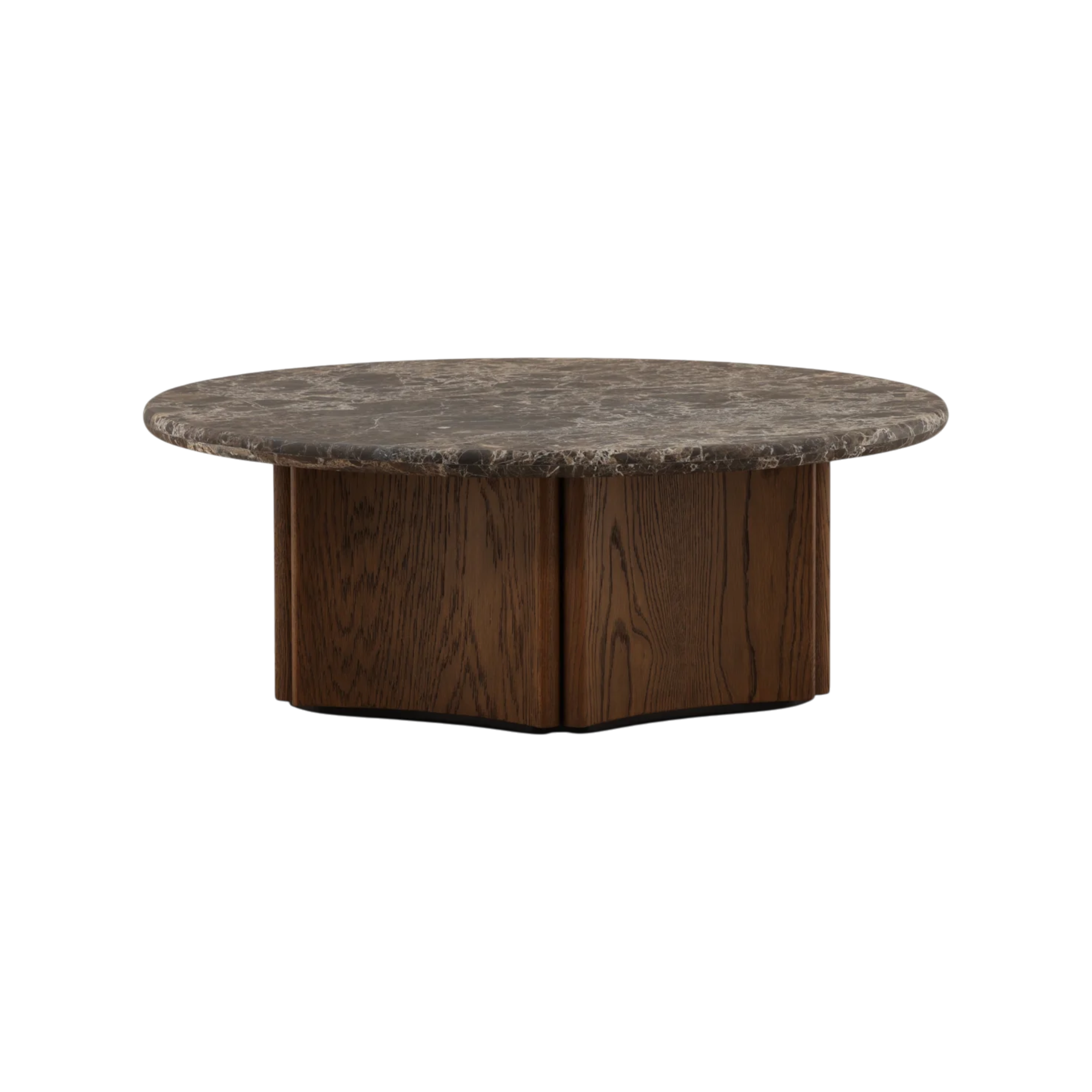 Aldridge Coffee Table shown from an alternate angle, featuring its circular marble top and substantial faceted wood pedestal base.
