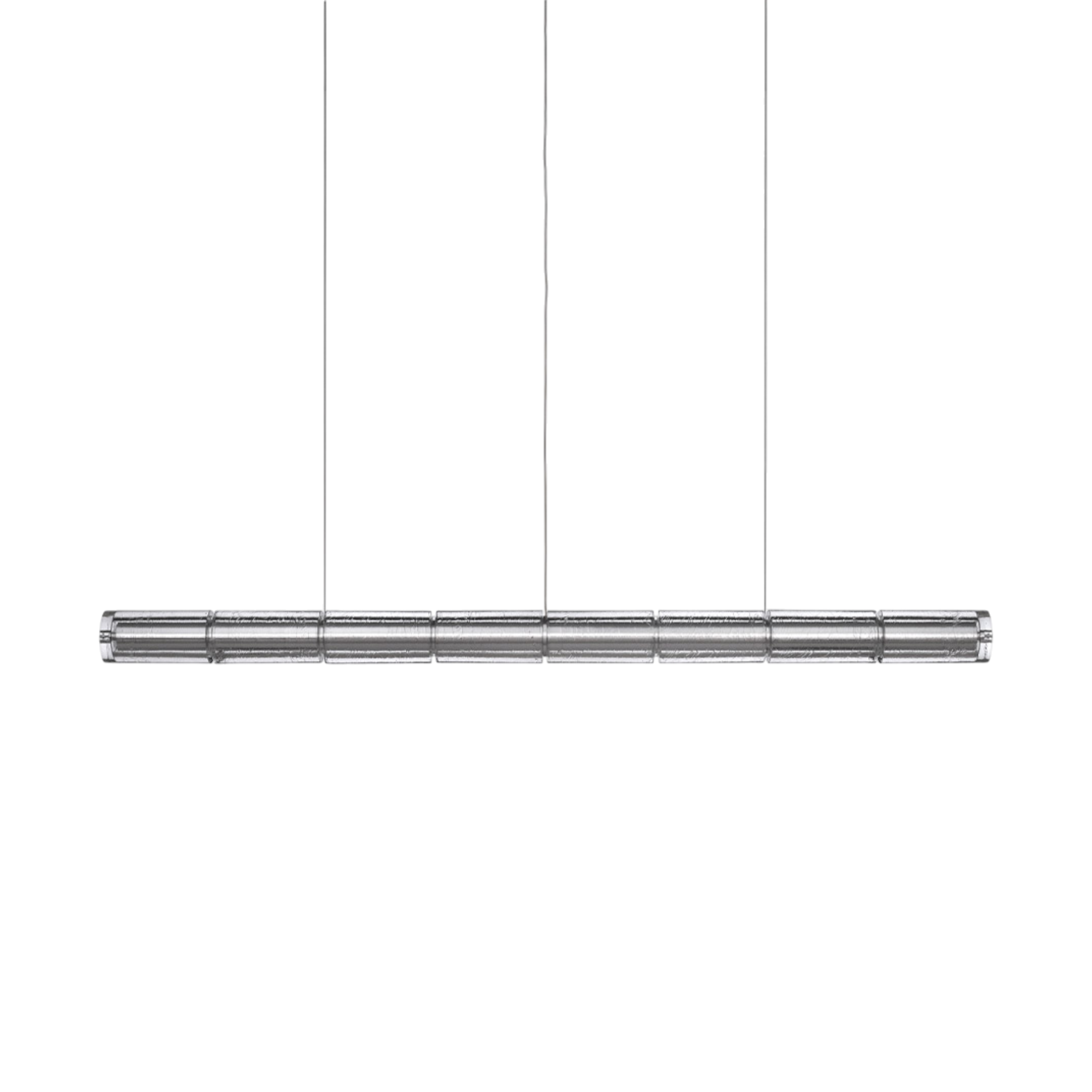 Luce Orizzontale S3 ceiling light with hand-cast glass cylinders, polished aluminum frame and suspended linear LED design.