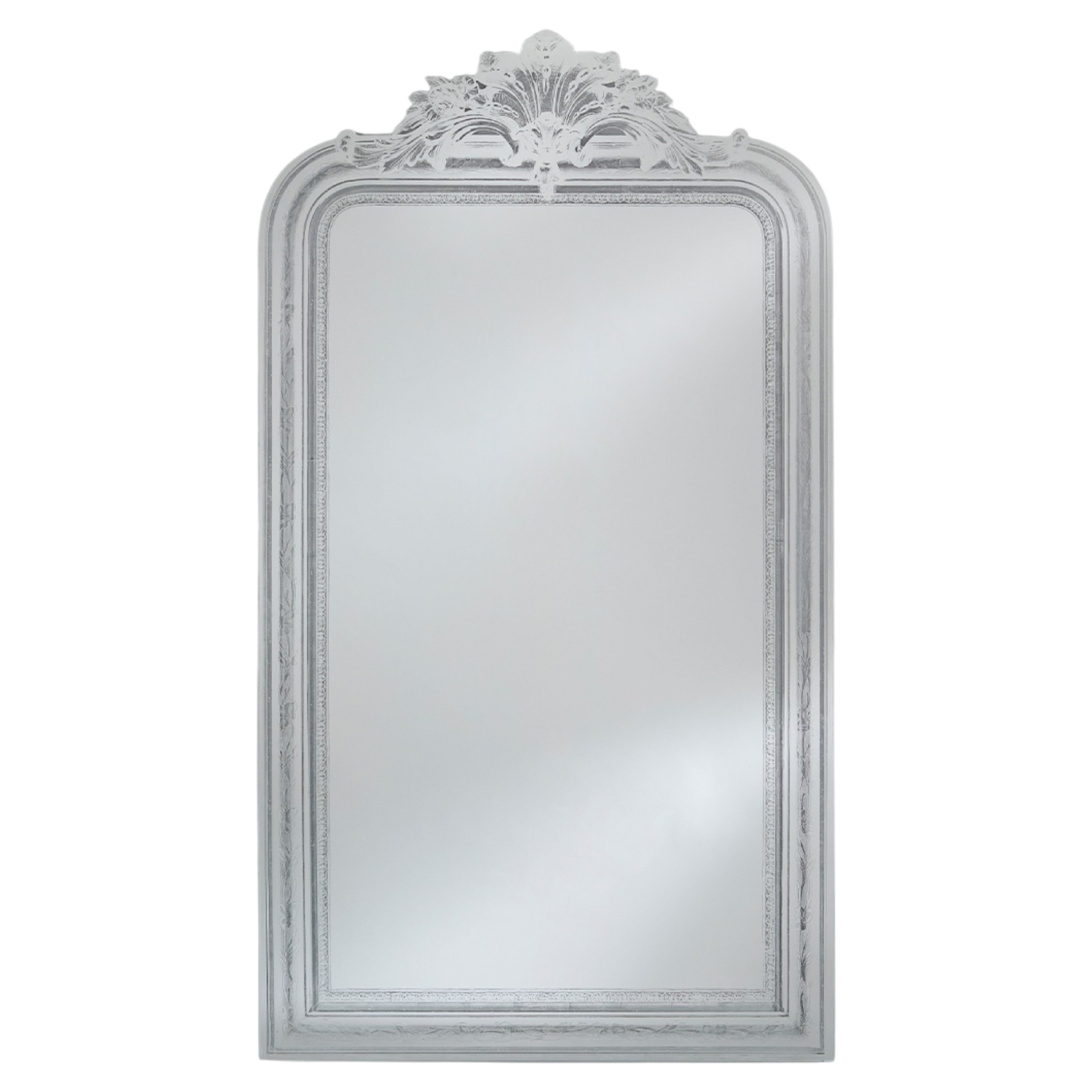 Haussmann Wall Mirror in clear finish, featuring a tall rectangular silhouette, ornate carved frame and decorative crest with scrolling foliage and shell-like detailing
