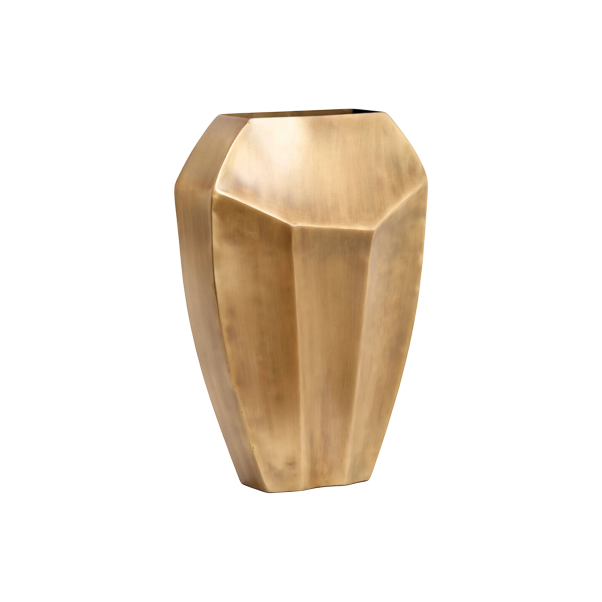 Angled view highlighting the Cordoba Vase in antiqued brass, with sharp geometric planes, a narrow rectangular opening, and a soft highlight across the brushed metal.