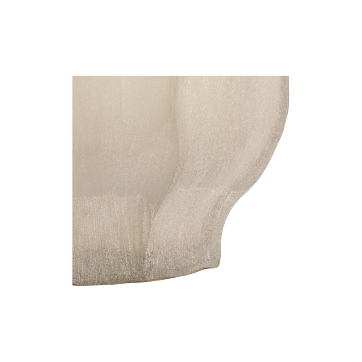 Close-up showing the lower lobes of the frosted taupe glass vase, with a finely grained matte finish and a softly curved, scalloped base.
