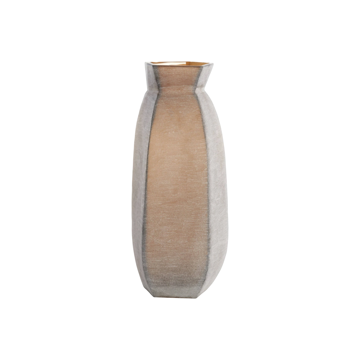 Front view of the smoked taupe glass vase, with a warm sandy-brown center panel framed by paler grey-taupe side facets and a glossy golden interior at the opening