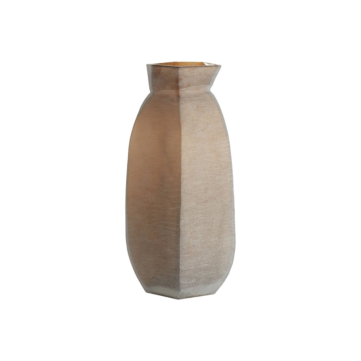Large slim faceted glass vase in smoked taupe with a matte, finely grained surface, shown from the front with angular planes, a tapered body, and a flared geometric neck.
