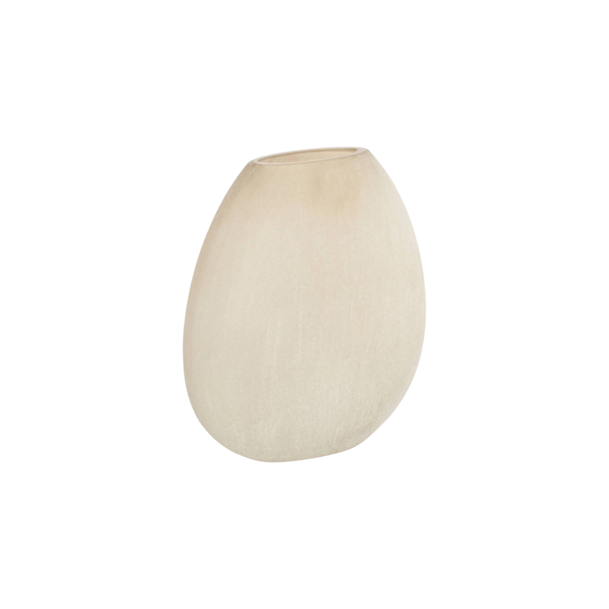 Angled view highlighting the slim profile of the Globe Glass Vase in warm greige frosted glass, with an oval rim, a pale milky center, and a flat oval base.