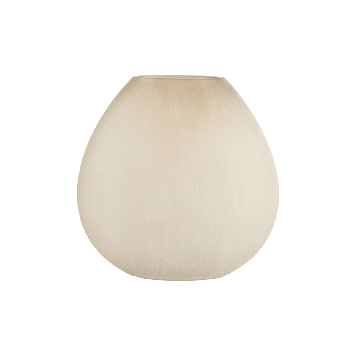 Globe Glass Large Vase in warm greige frosted glass, shown from the front, with a rounded teardrop silhouette, a softly tinted oval opening, and fine vertical etching across the surface.