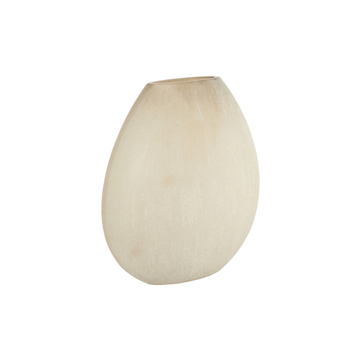 Angled view highlighting the slim profile of the Globe Glass Large Vase in warm greige frosted glass, with an asymmetrical oval rim, mottled tonal clouding, and a flat oval base.