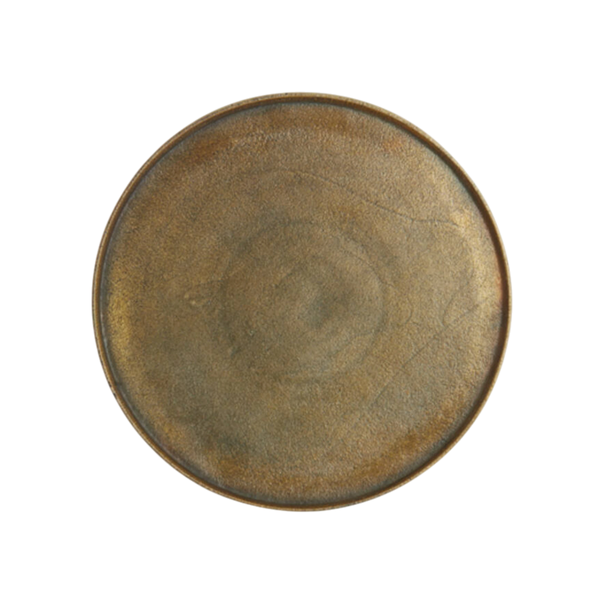 Top-down view of the Russell Tray Round Large in antiqued brass, with a shallow circular well, soft clouded patina in olive, bronze, and faint copper, and a finely grainy texture.