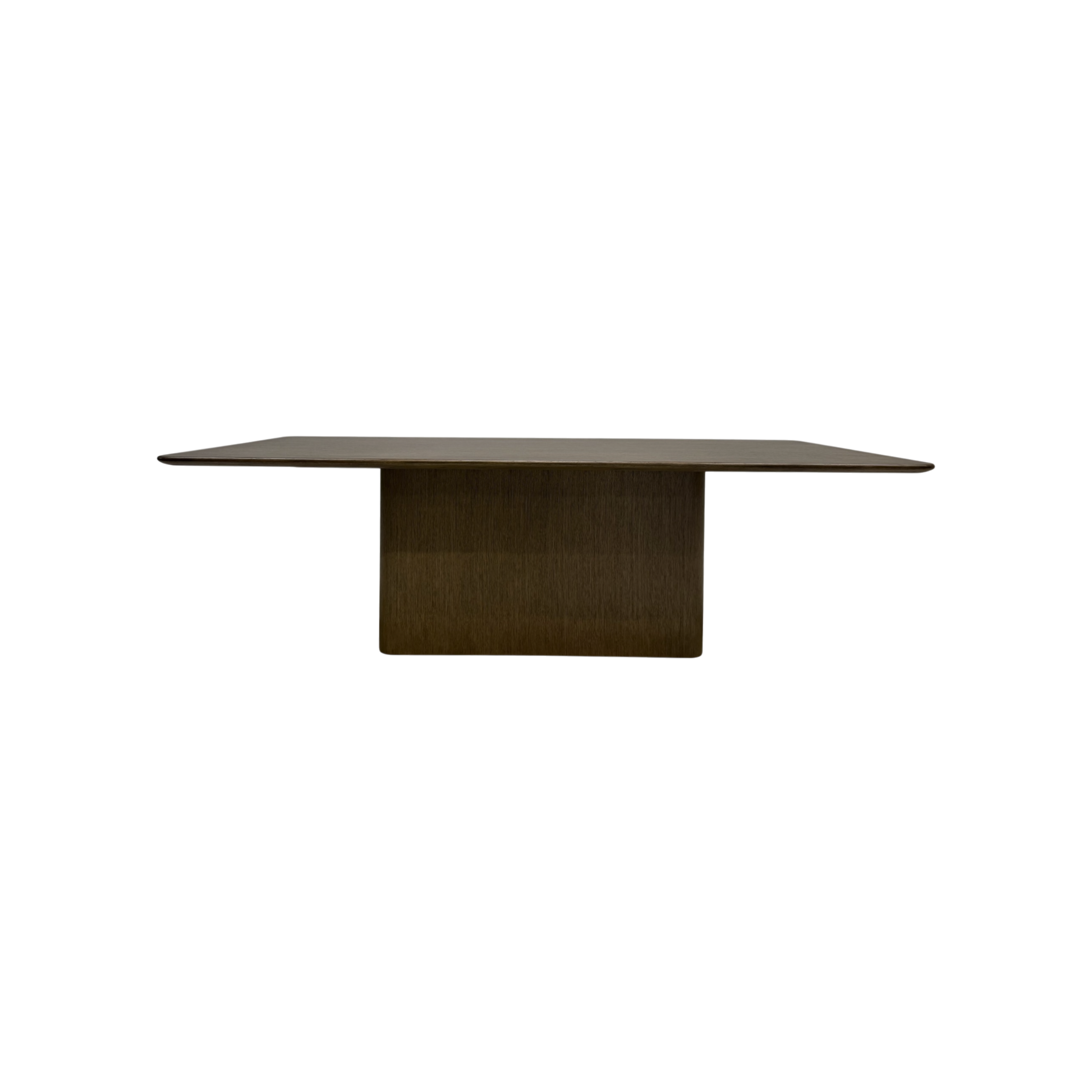 Altar 96-inch Dining Table in dark wood with a long rectangular top, softly rounded edges and a substantial central pedestal base.