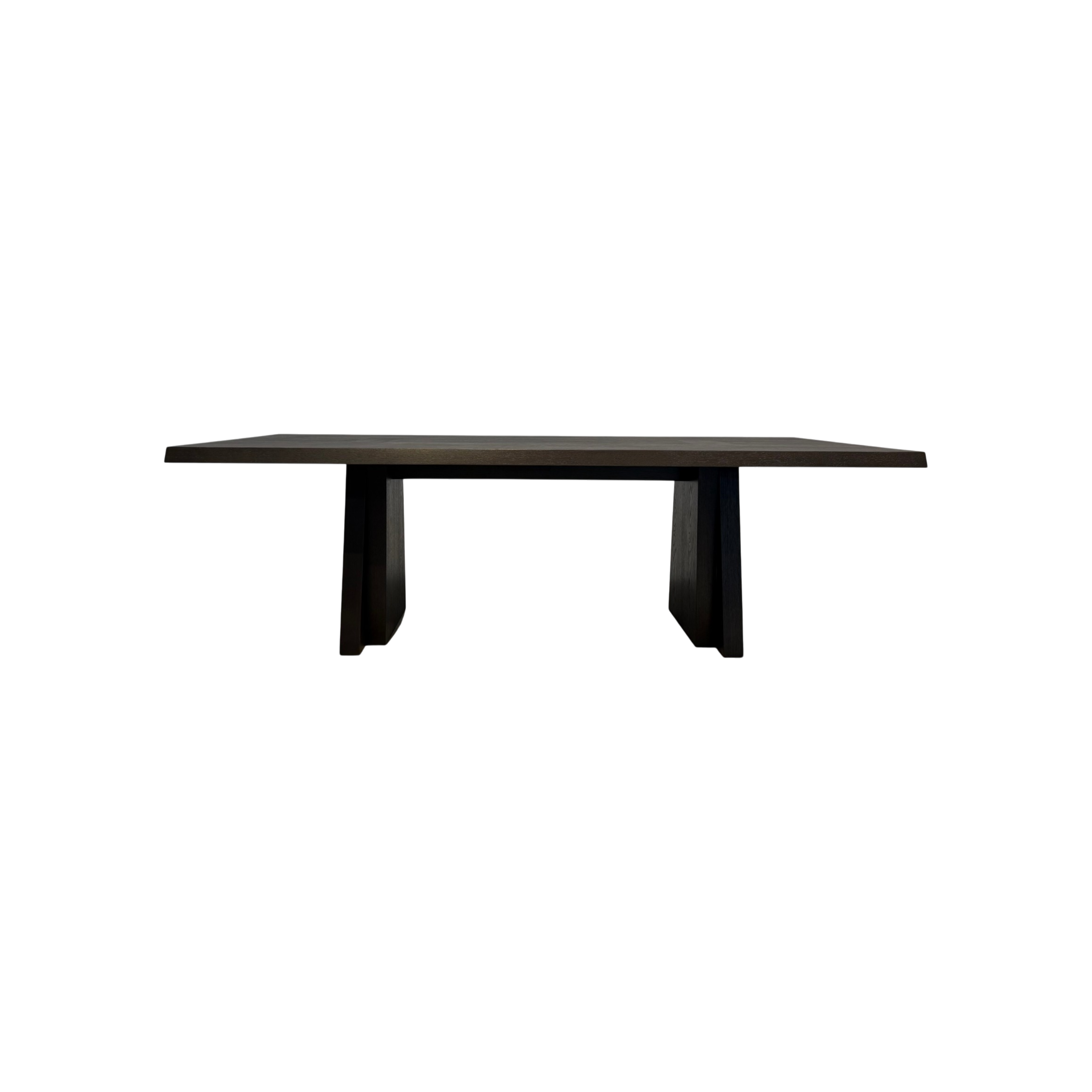 Oblique 96-inch Dining Table in dark wood with a long rectangular top and two angular trapezoidal pedestal bases.