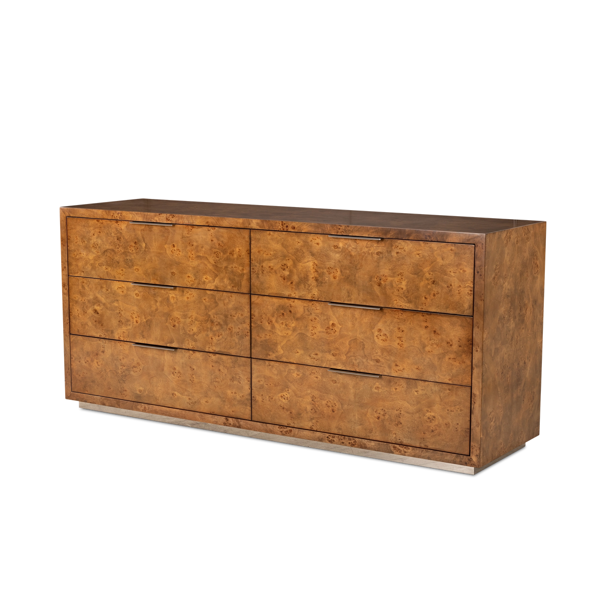 Close-up showing the slim metal edge pulls on the Evoke Dresser in Honey Brown mappa burl, with swirling eyes in the glossy veneer drawer fronts.