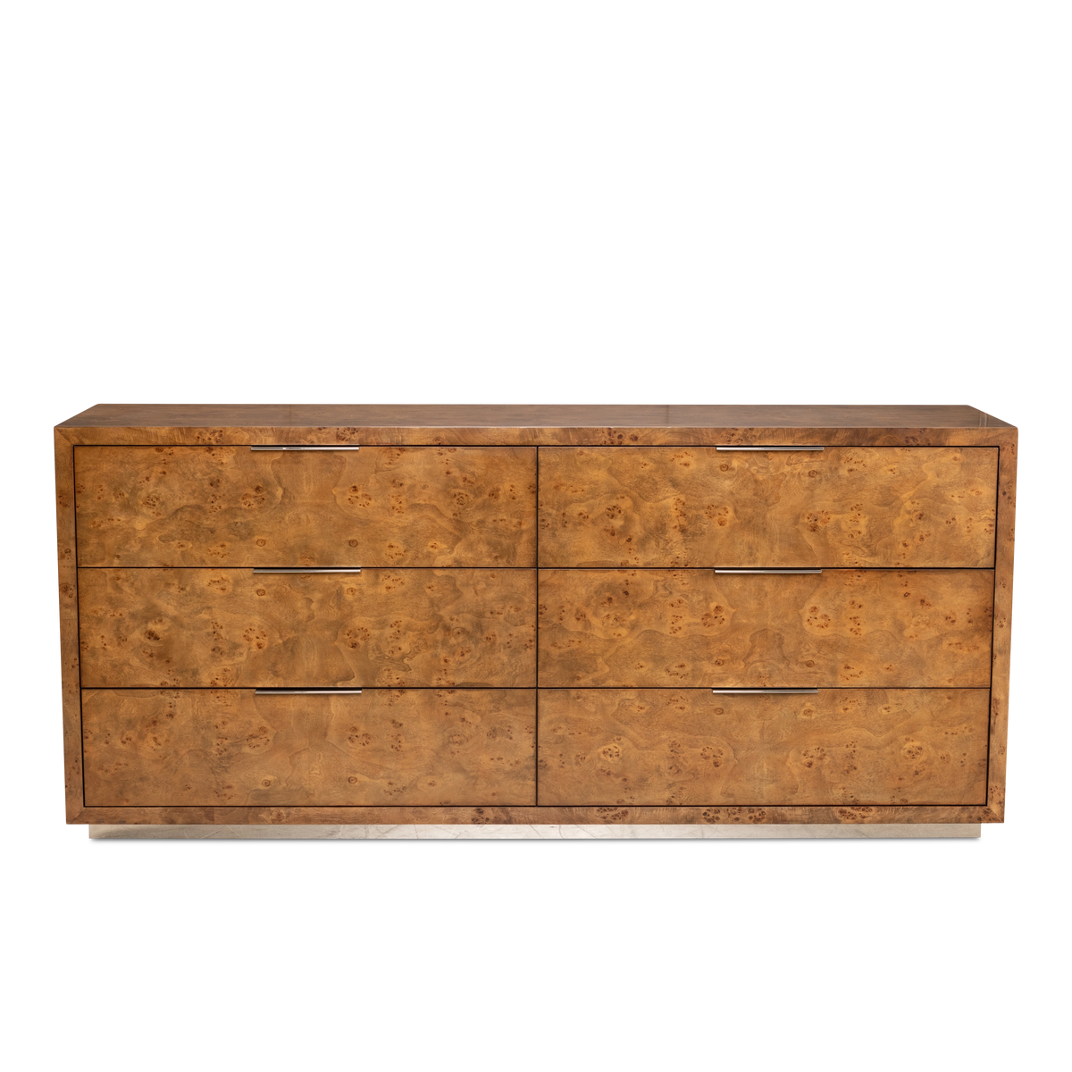 Evoke Dresser shown straight from the front in Honey Brown mappa burl, with two columns of three drawers and a pattern that flows across each face.