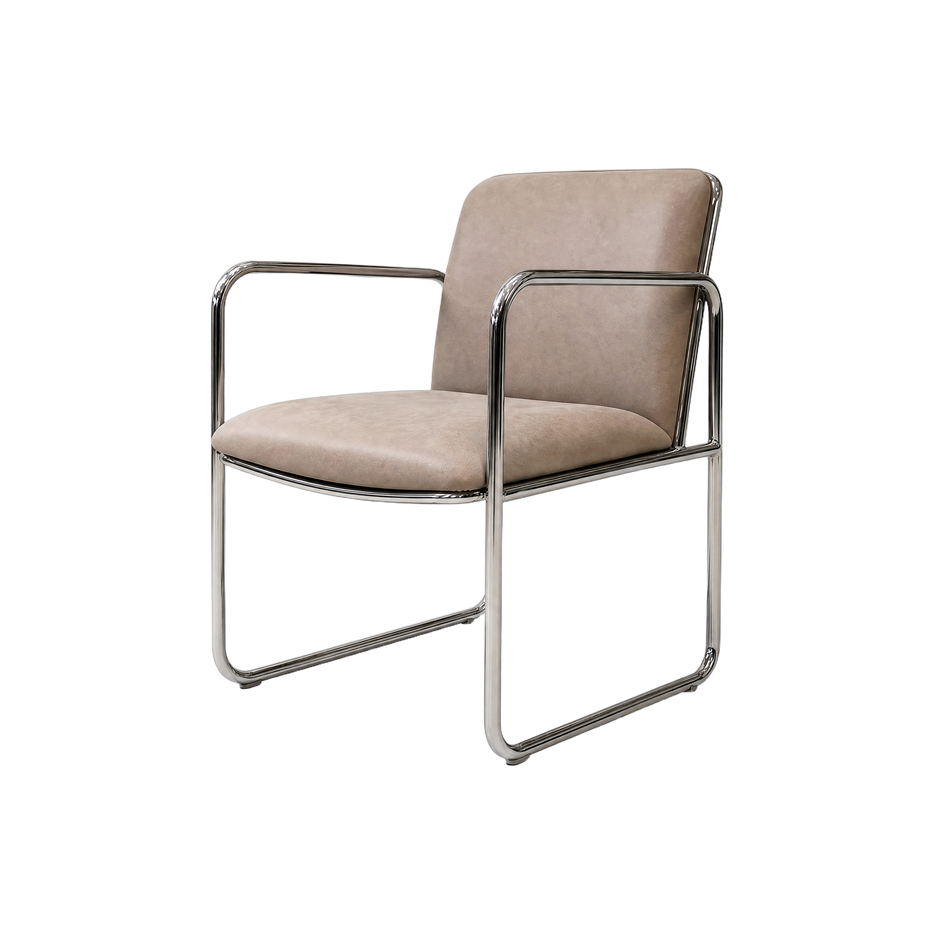 A modern armchair with a curved chrome metal frame and beige upholstered seat and back cushions, shown on a plain white background.