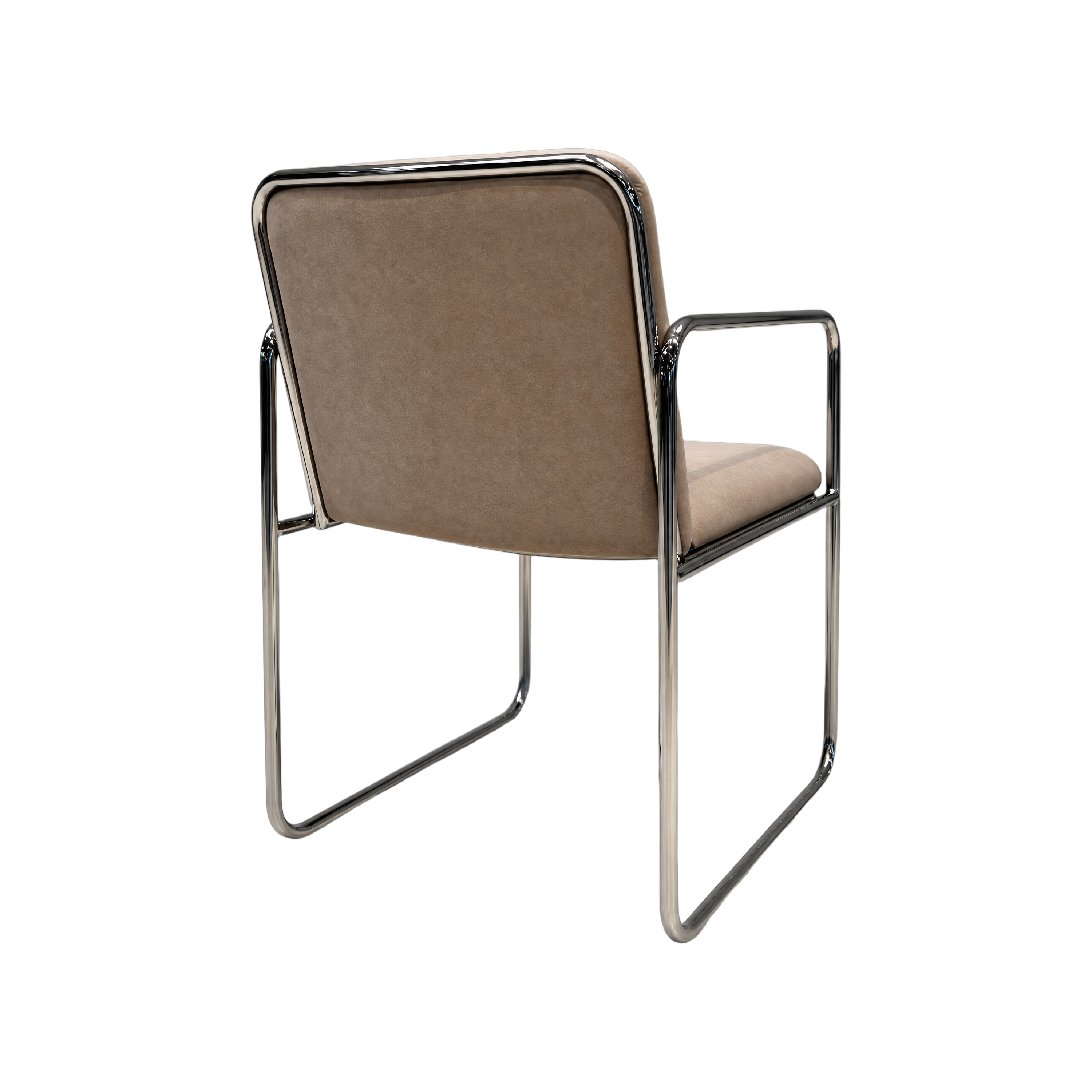 A modern cantilever dining chair with a beige upholstered seat and backrest, supported by a chrome tubular steel frame, shown from a three-quarters angle on a white background.