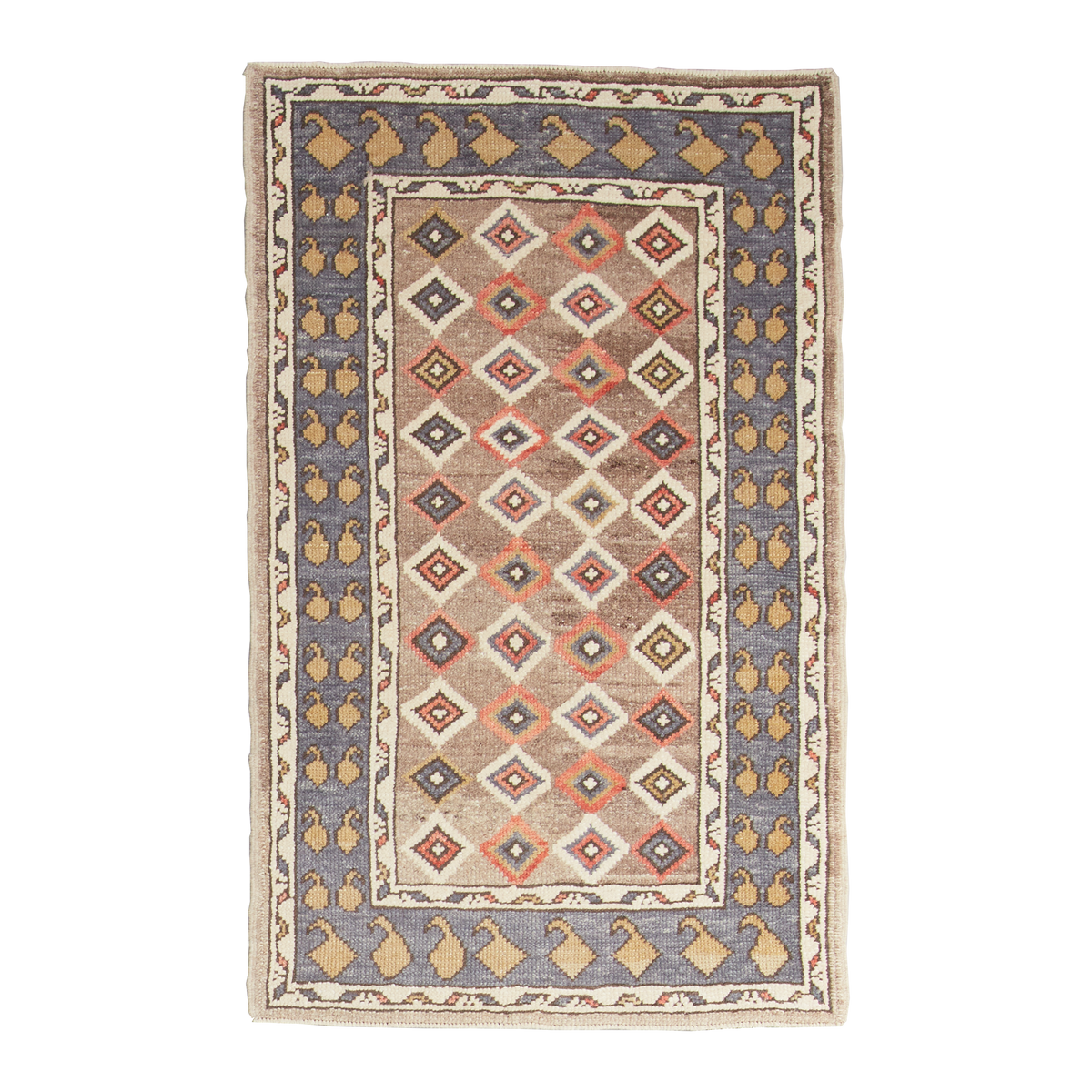 A rectangular area rug with a traditional geometric pattern, featuring a central diamond motif in muted red, blue, and beige on a dusty blue field, surrounded by cream and beige borders.