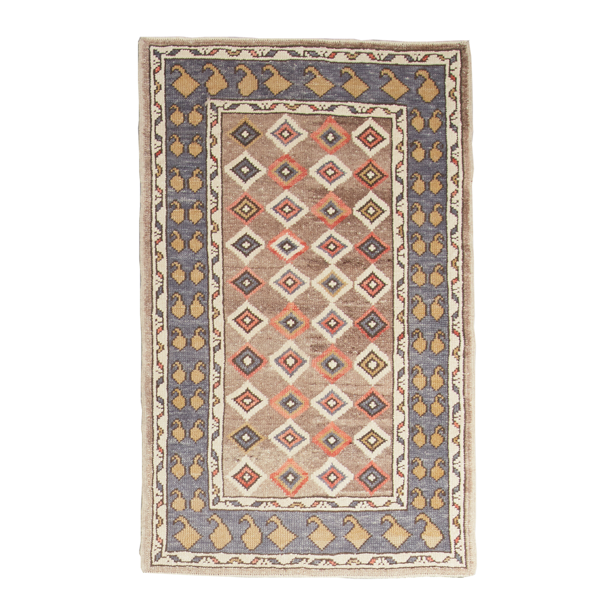 A rectangular area rug with a traditional geometric pattern, featuring a central diamond motif in red, blue, and beige, surrounded by a dusty blue border and a cream outer edge.