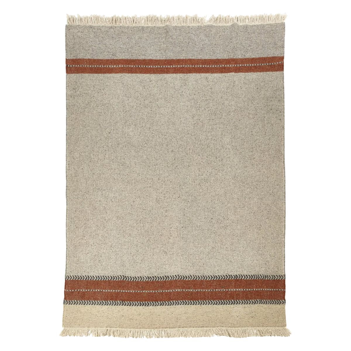 Laid flat and shown from the front, the Montana throw in heathered greige herringbone shows a fringe at both ends, a slim rust stripe near the top, and a wider rust band with chevron trim above a beige panel at the base.
