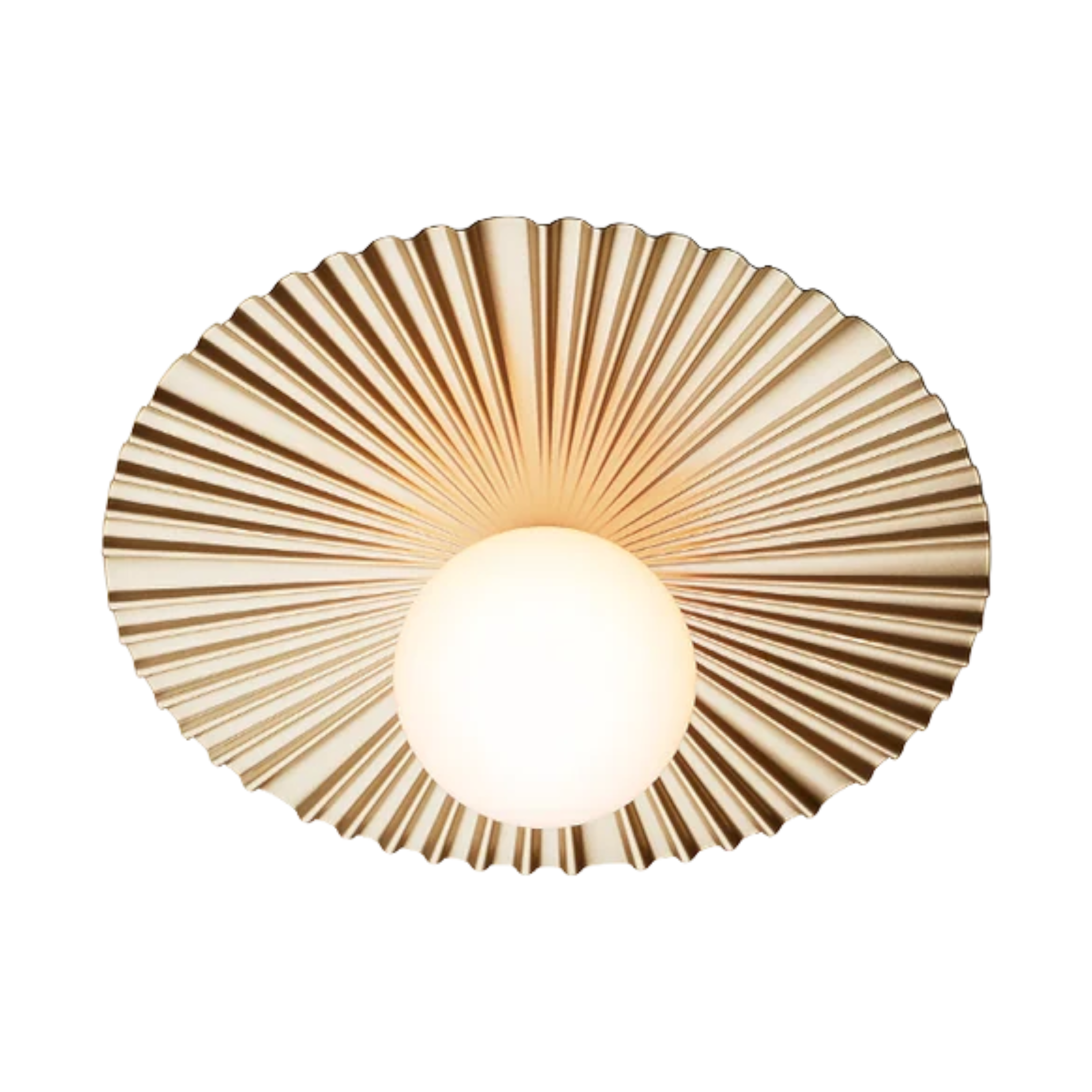 Liila Muuse Flush Mount Gold/Opal with a softly glowing opal glass globe set against a sculptural pleated gold backplate, suitable for damp locations.
