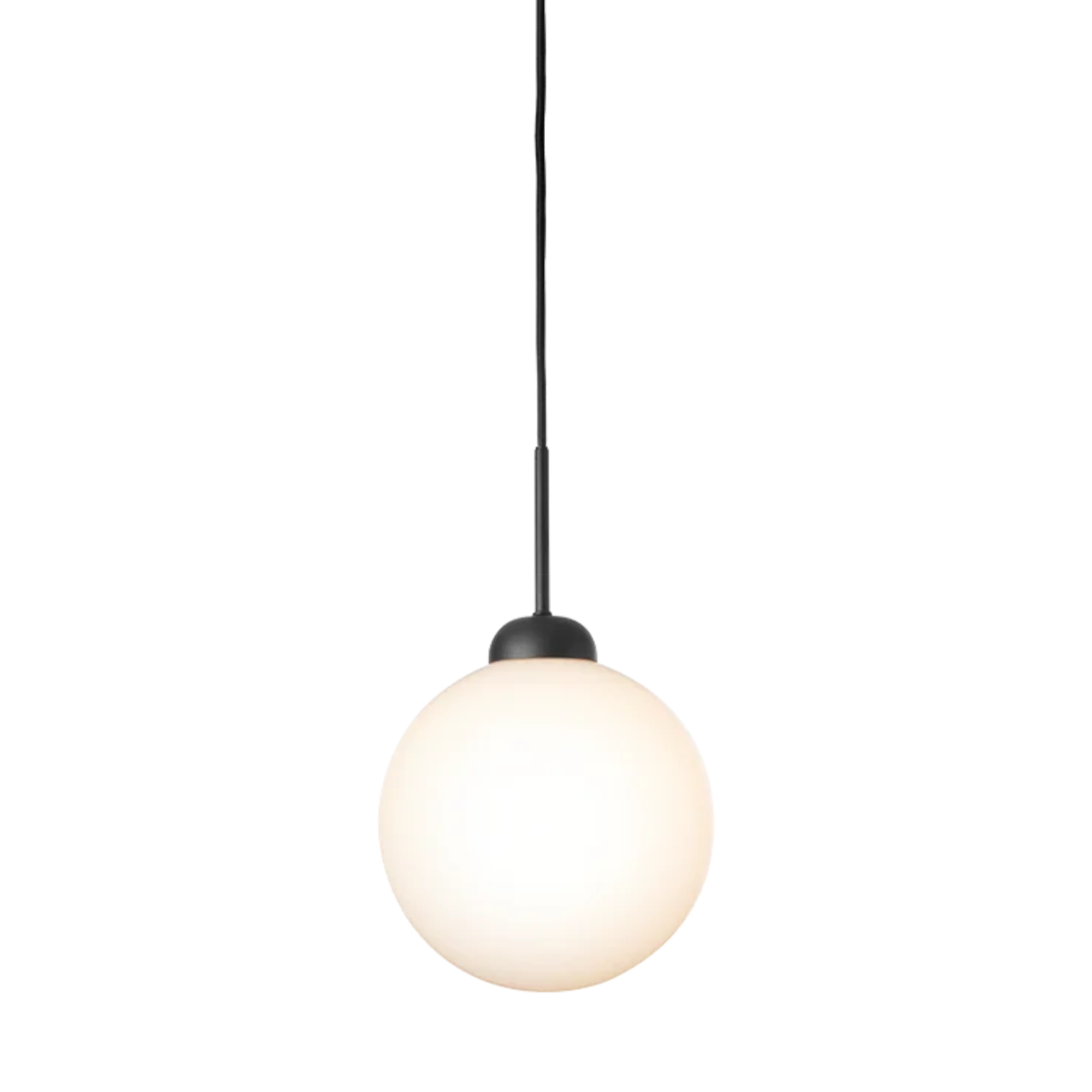 Apiales 1 Large Pendant Black/Opal with a spherical opal glass globe suspended from a slim black cord and fitting.