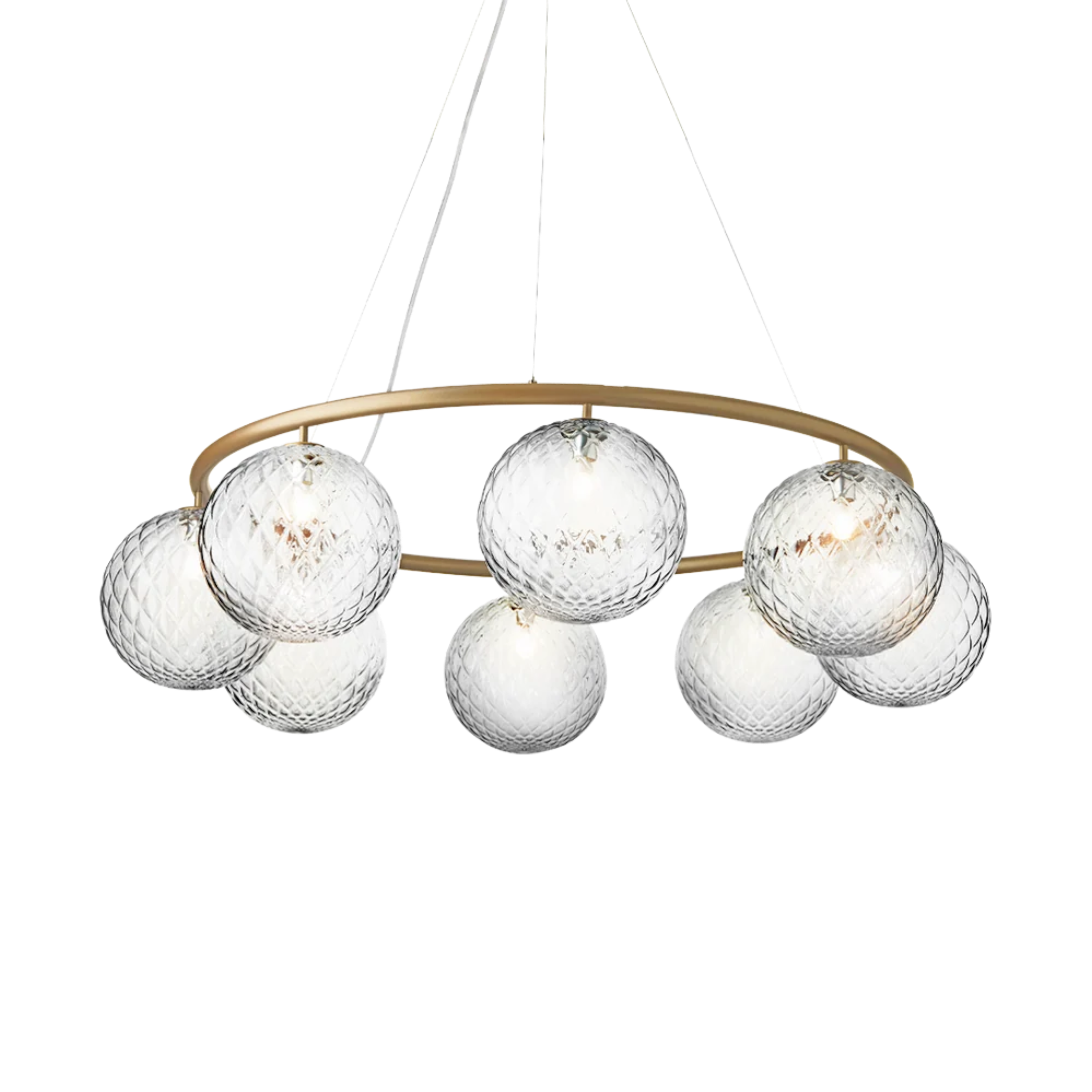 Miira 8-light circular chandelier in brass with eight optic glass globes, a modern luxury ceiling light with textured glass and a sculptural round frame for dining rooms and living spaces.