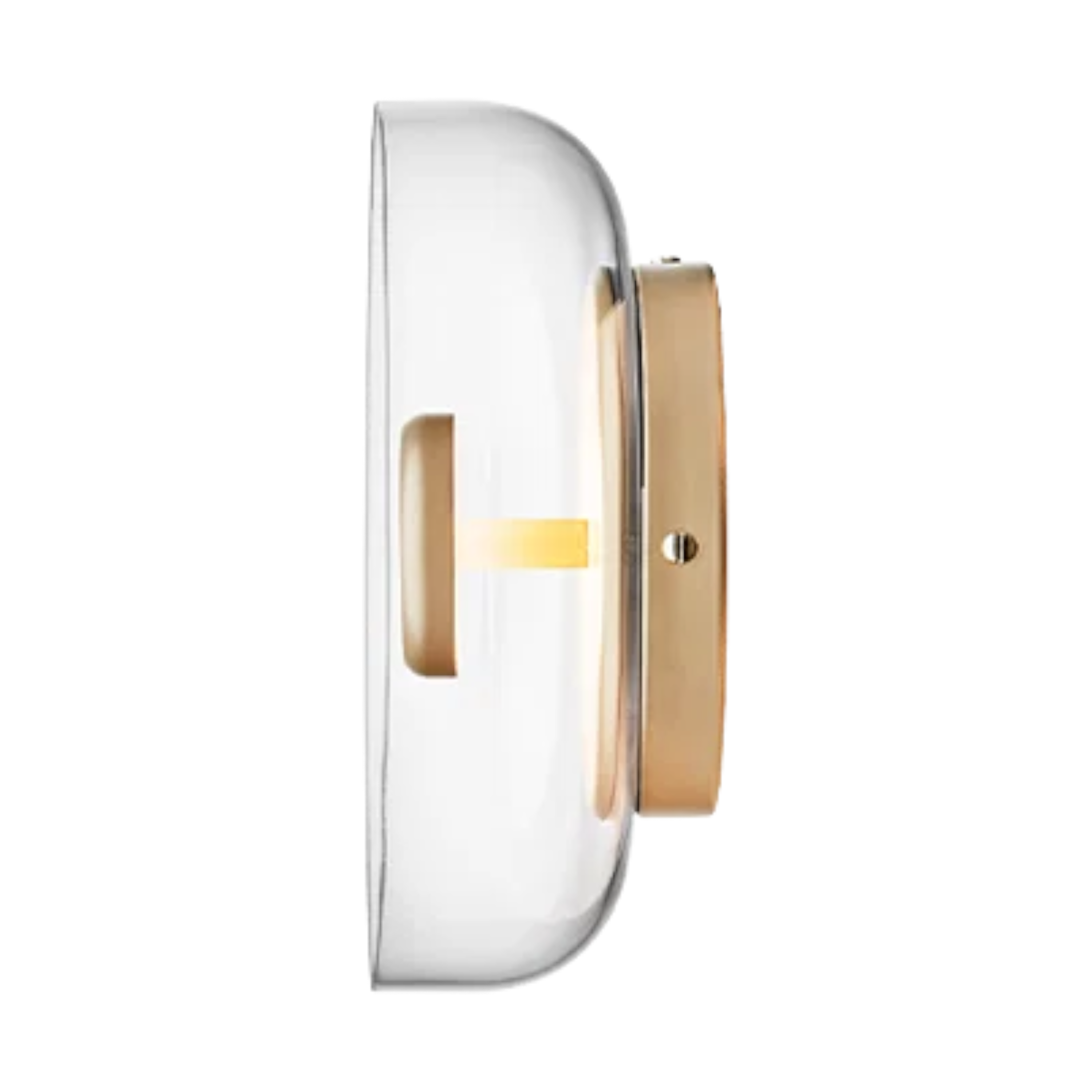 Blossi Wall Light Gold/Clear side view with mouth-blown clear glass disc, gold-tone wall mount and integrated LED light.