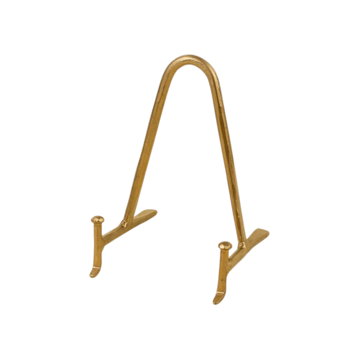 Large Arc Display Stand in gold-tone iron with a rounded arch frame, slim supports and splayed feet designed to hold a plate, book or framed decorative object.