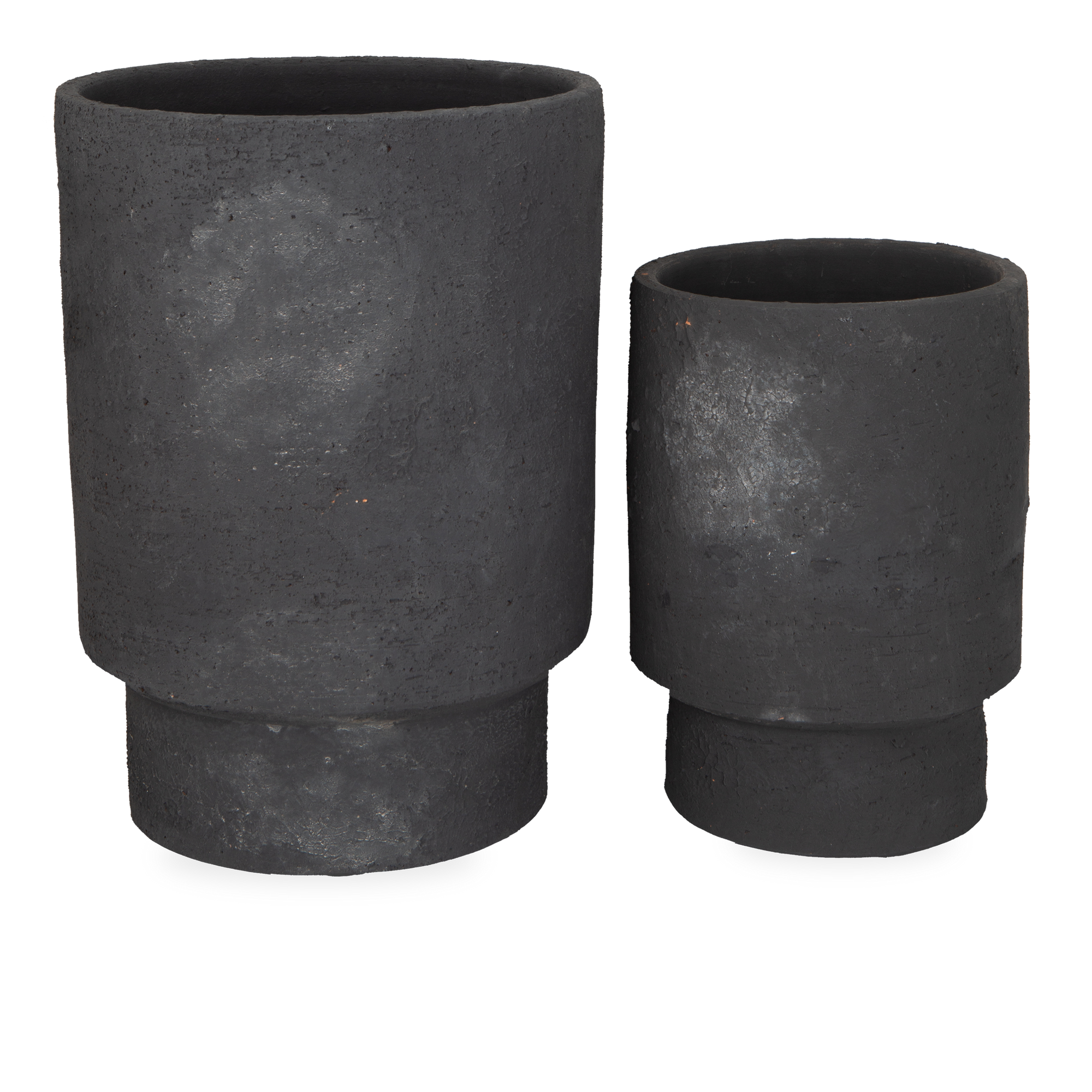 The Pitted Terracotta Vases feature texture and patina that is made of terracotta in a black finish.