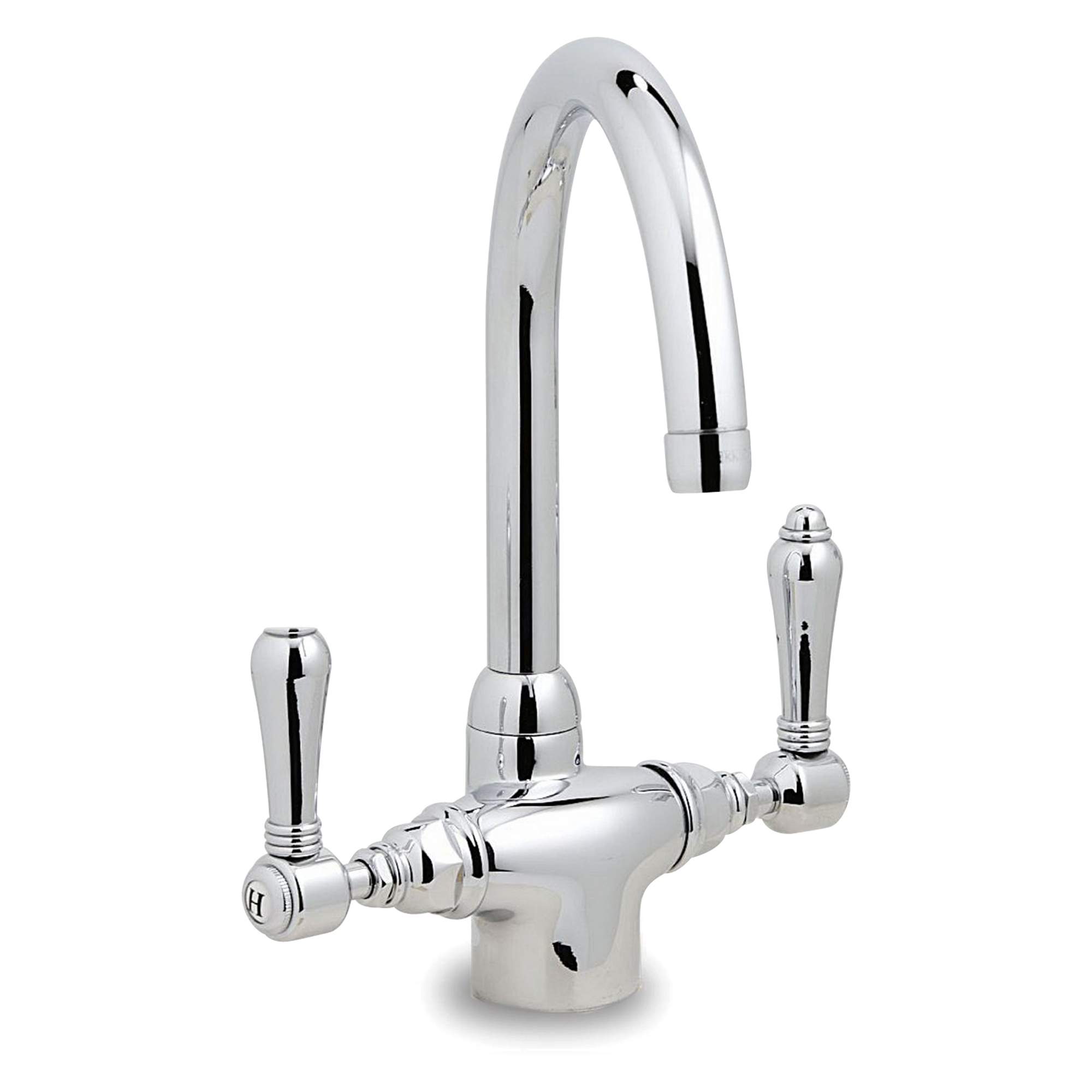 A seamless, single hole classic faucet with metal hot and cold lever handles and a gooseneck spout.