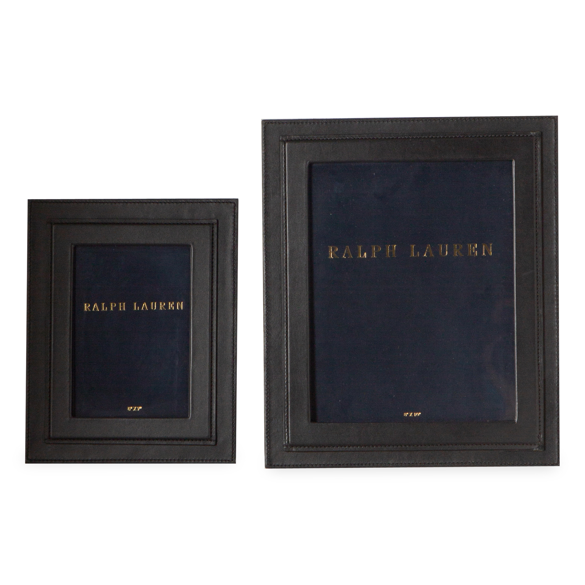Timeless leather picture frames sure to make a bold statement atop an accent table or bookshelf.