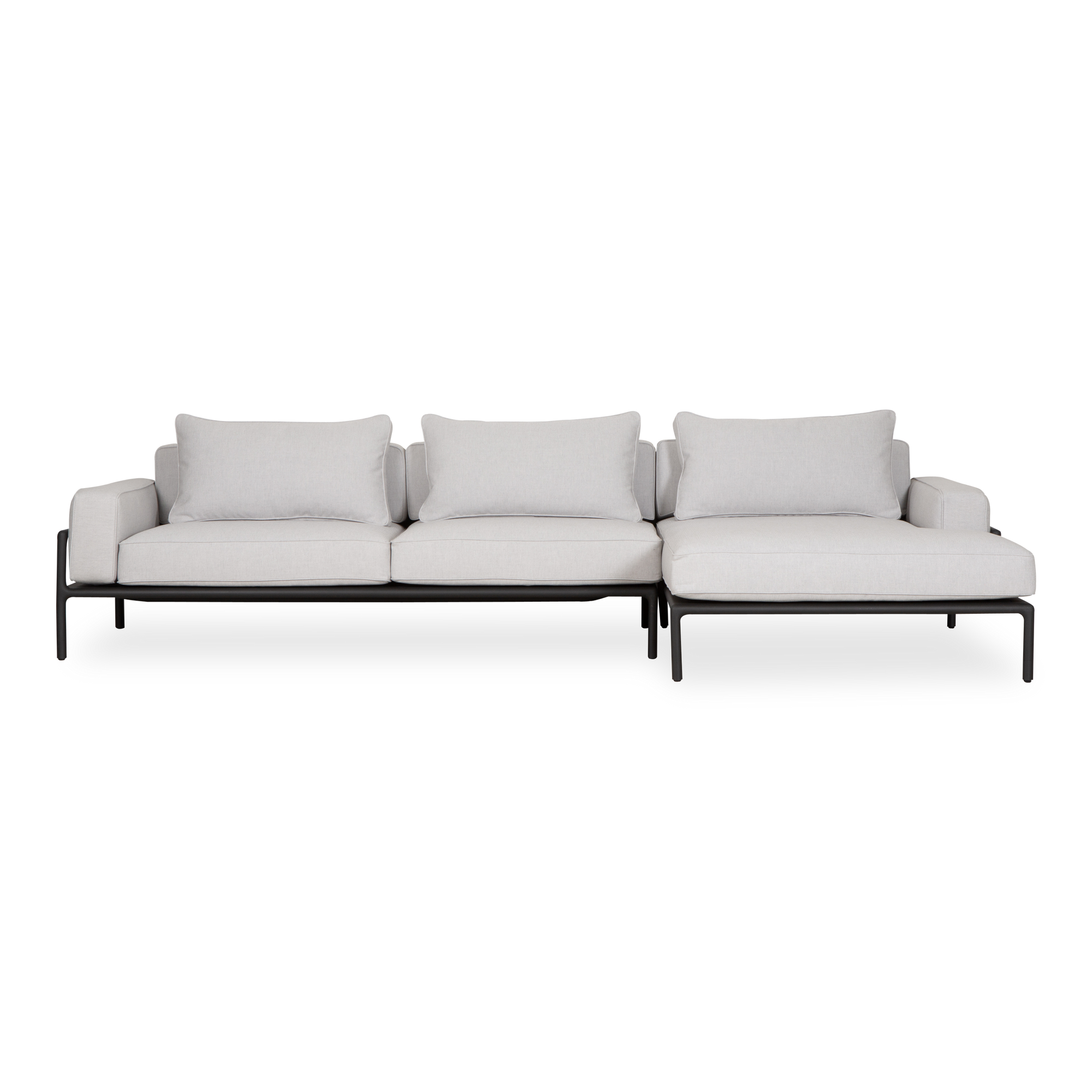 The Moto Modular Sectional features a distinctive low profile metal frame paired with a luxurious cushion system.