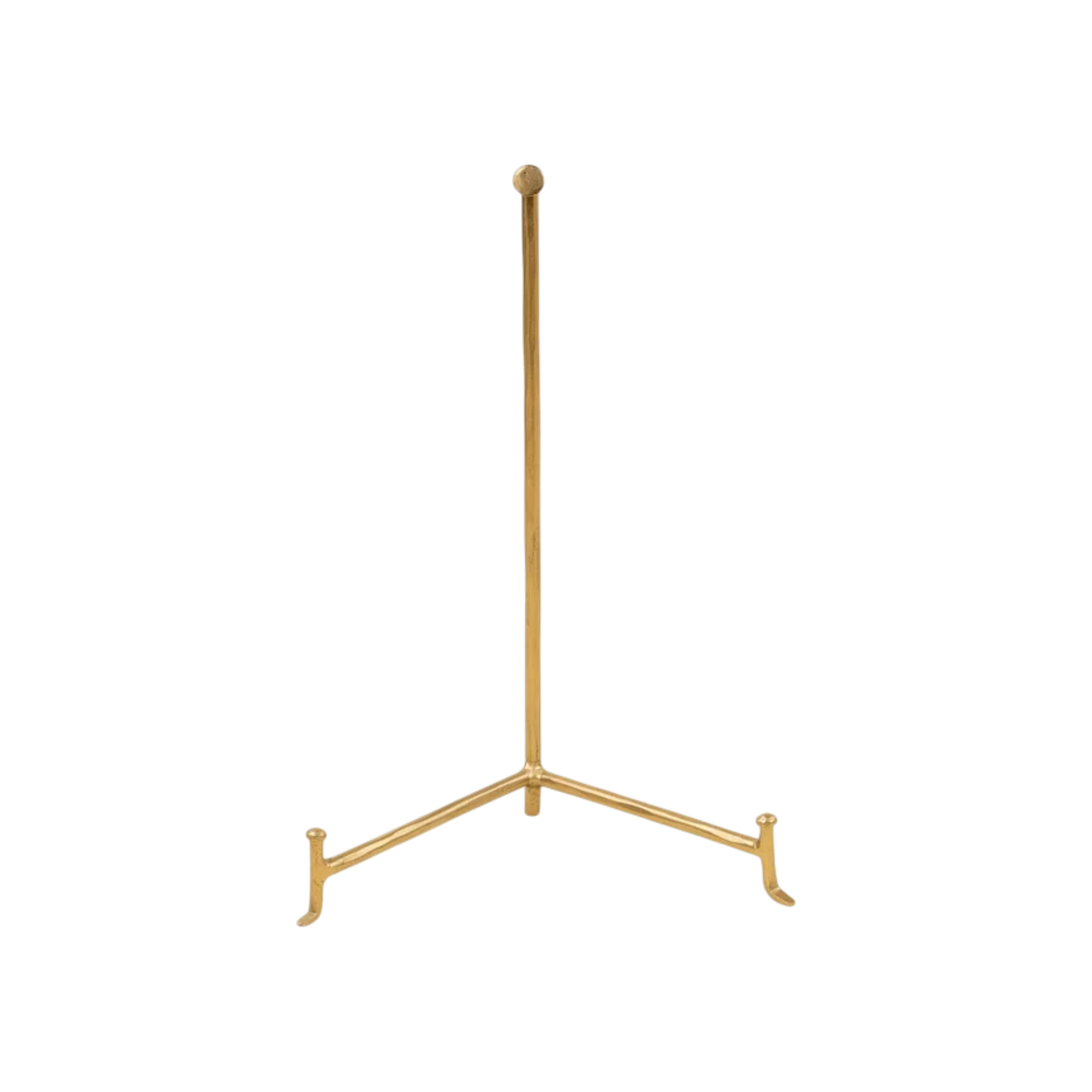 Atelier Display Stand in gold-tone brass with a slender vertical post, ball finial and open tripod base designed to support a plate, book or framed decorative object.