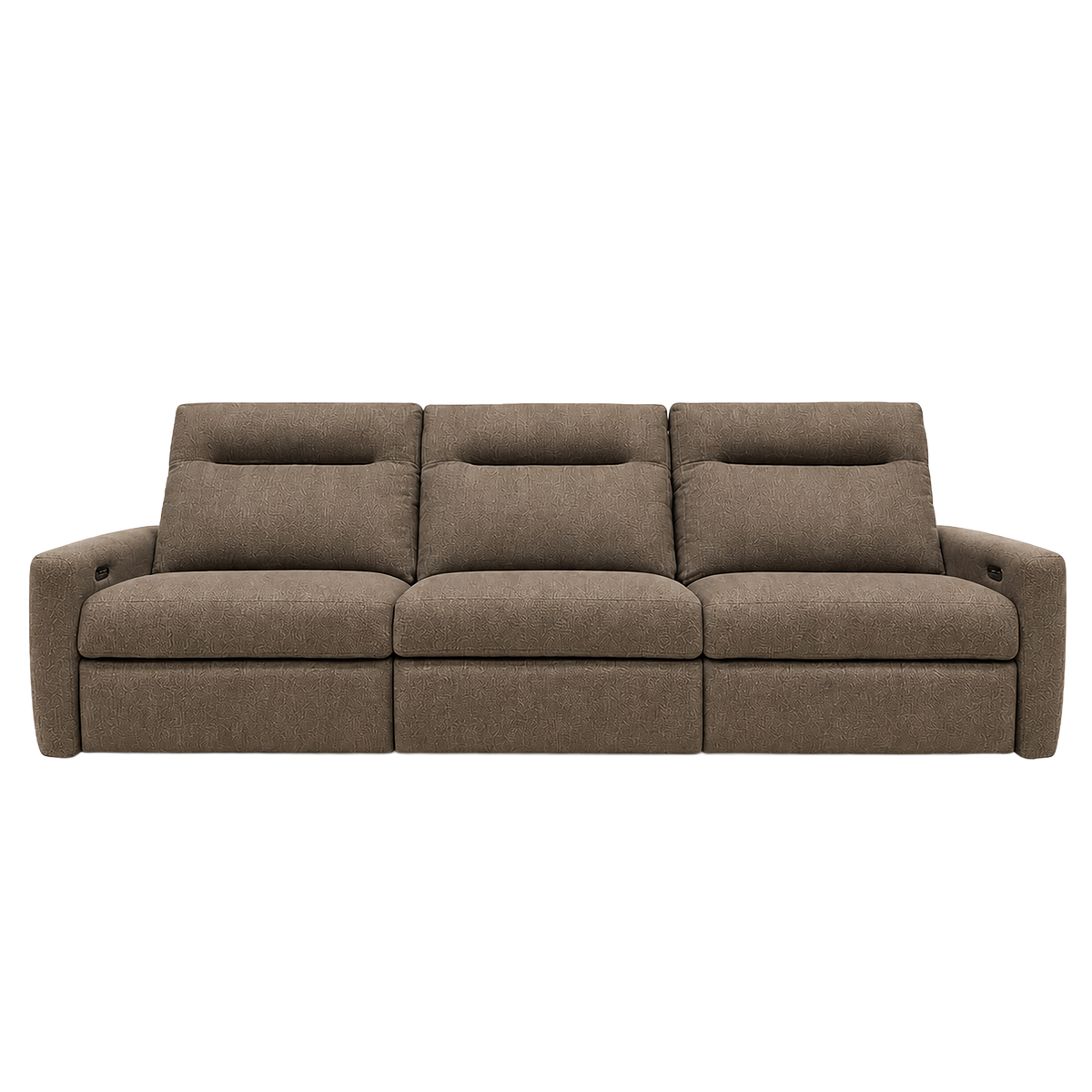 Keystone Reclining Sofa in heathered taupe-brown, front view showing the plush cushioning, softly rounded arms, and tailored silhouette.
