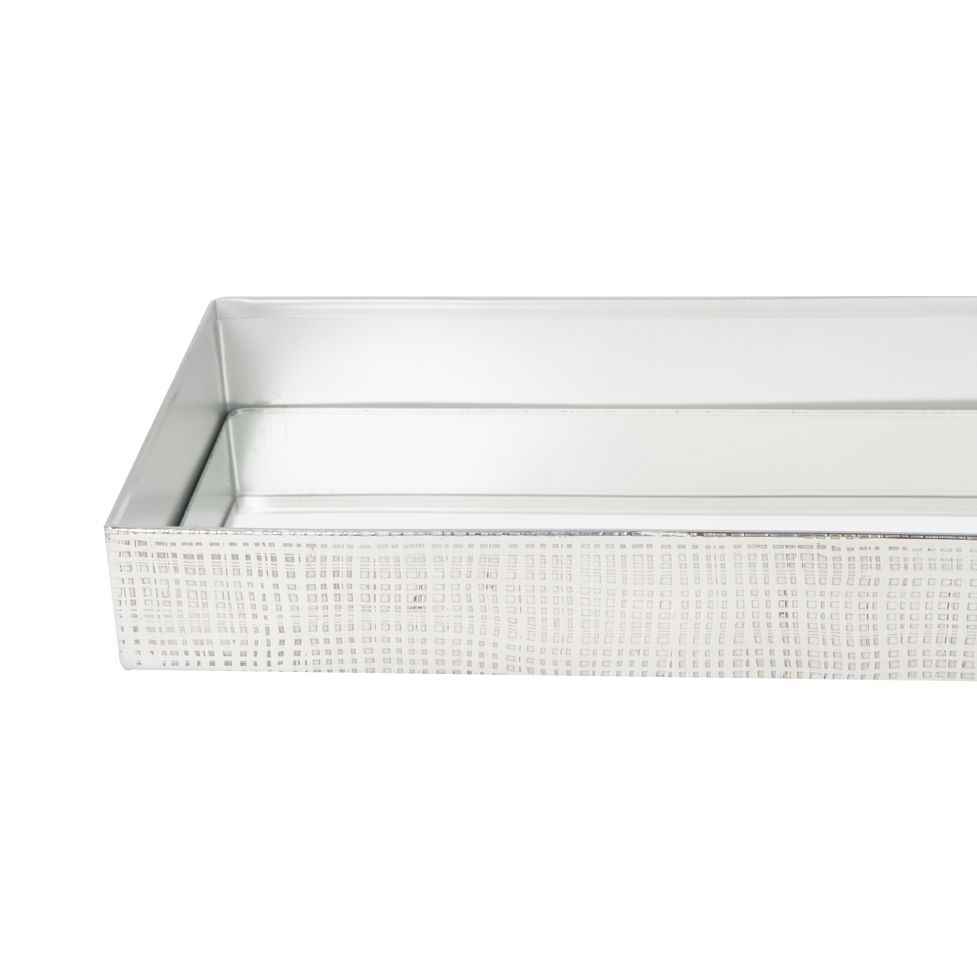 The Crosshatch Tray is made of stainless steel and is finished in a rich, distinct crosshatch texture.