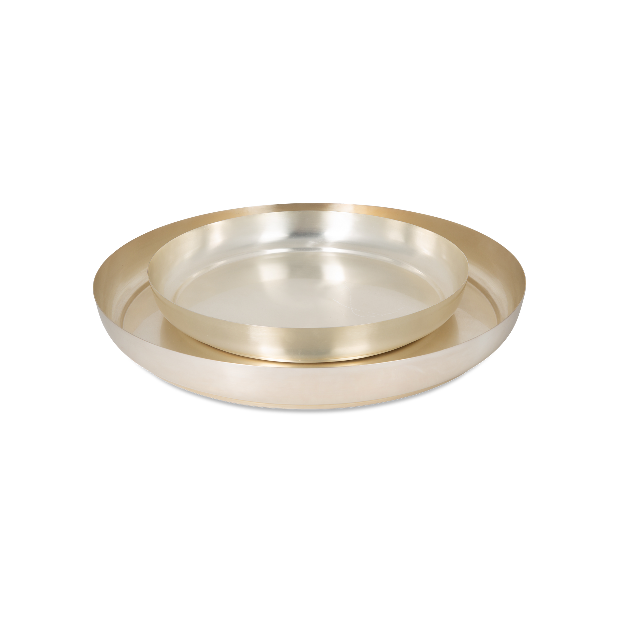 These elegant silver-plated steel platters can be nested or displayed individually.