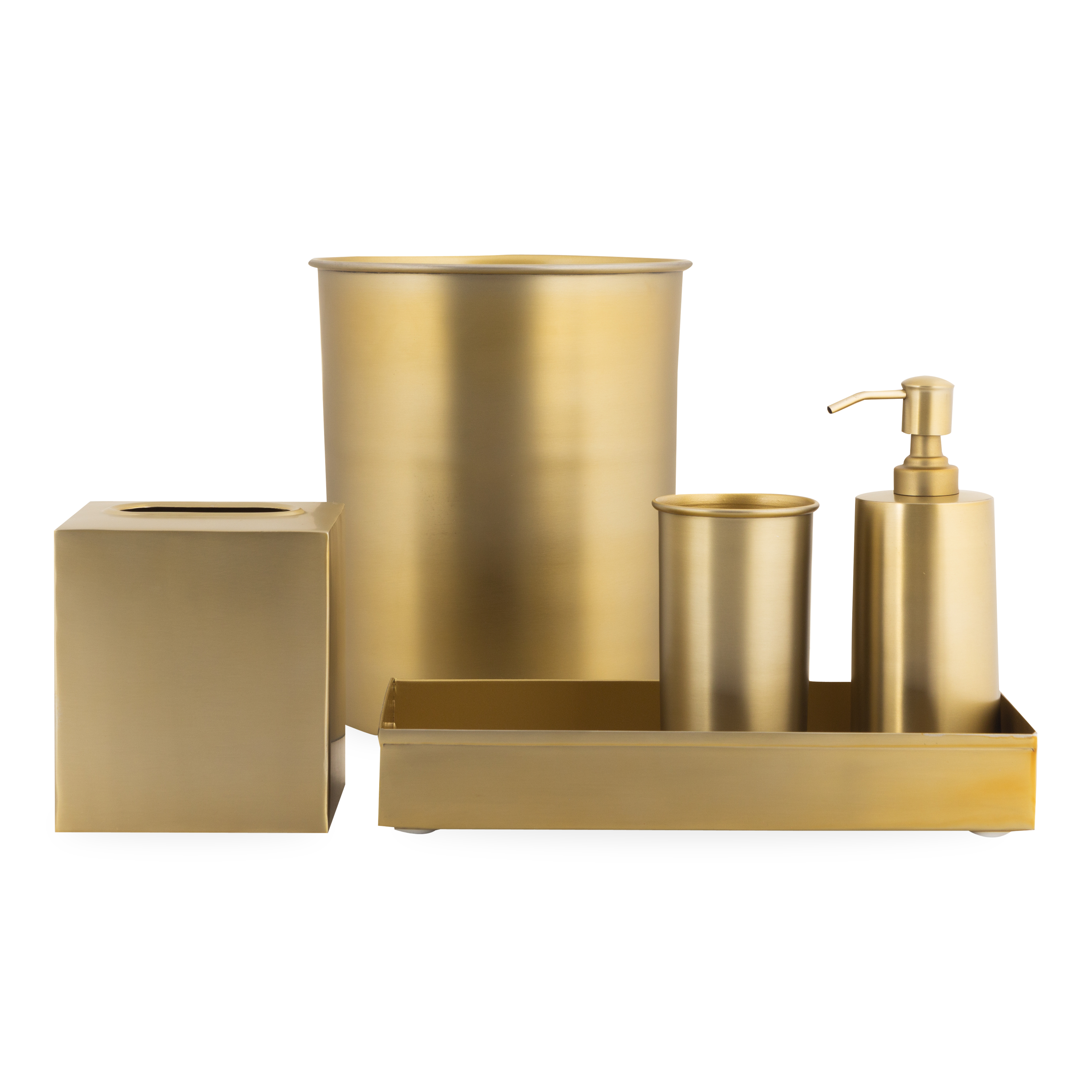 Characterized by its clean design and sleek silhouettes, the Essential Collection features an effortlessly elegant matte brass finish that will elevate any bathroom or kitchen coun