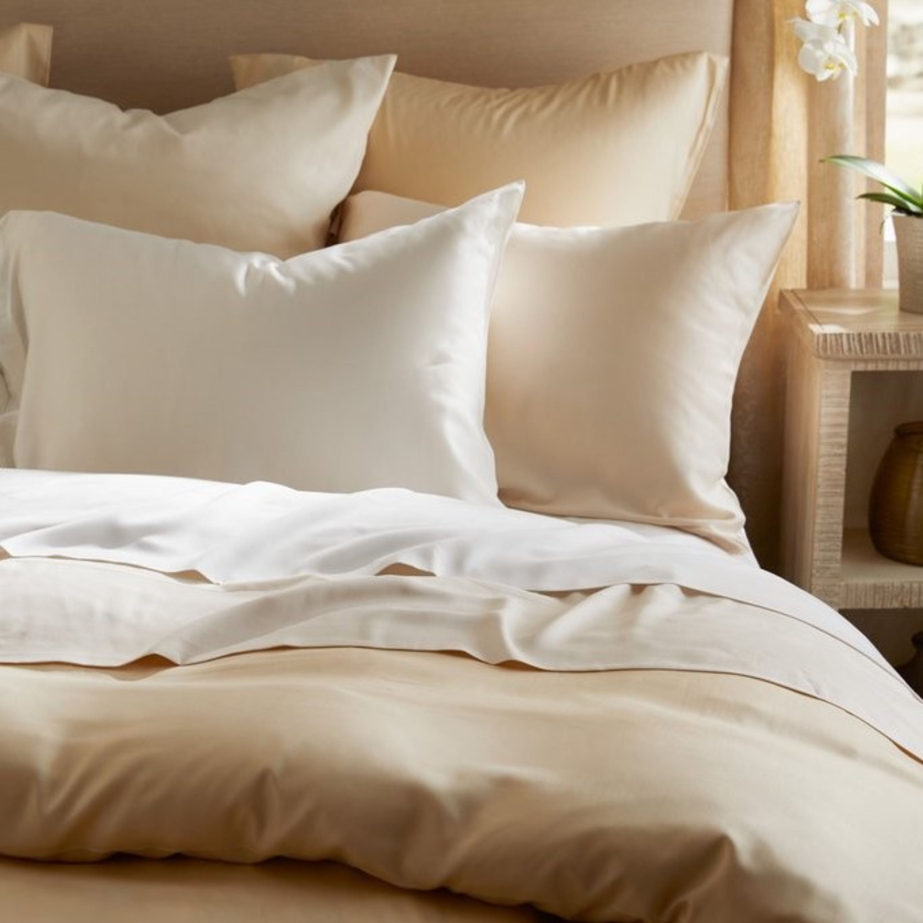 This beautiful collection is woven in Italy from wood fibre giving it the lustrous look and feel of a silk sheet but with the easy care of cotton.