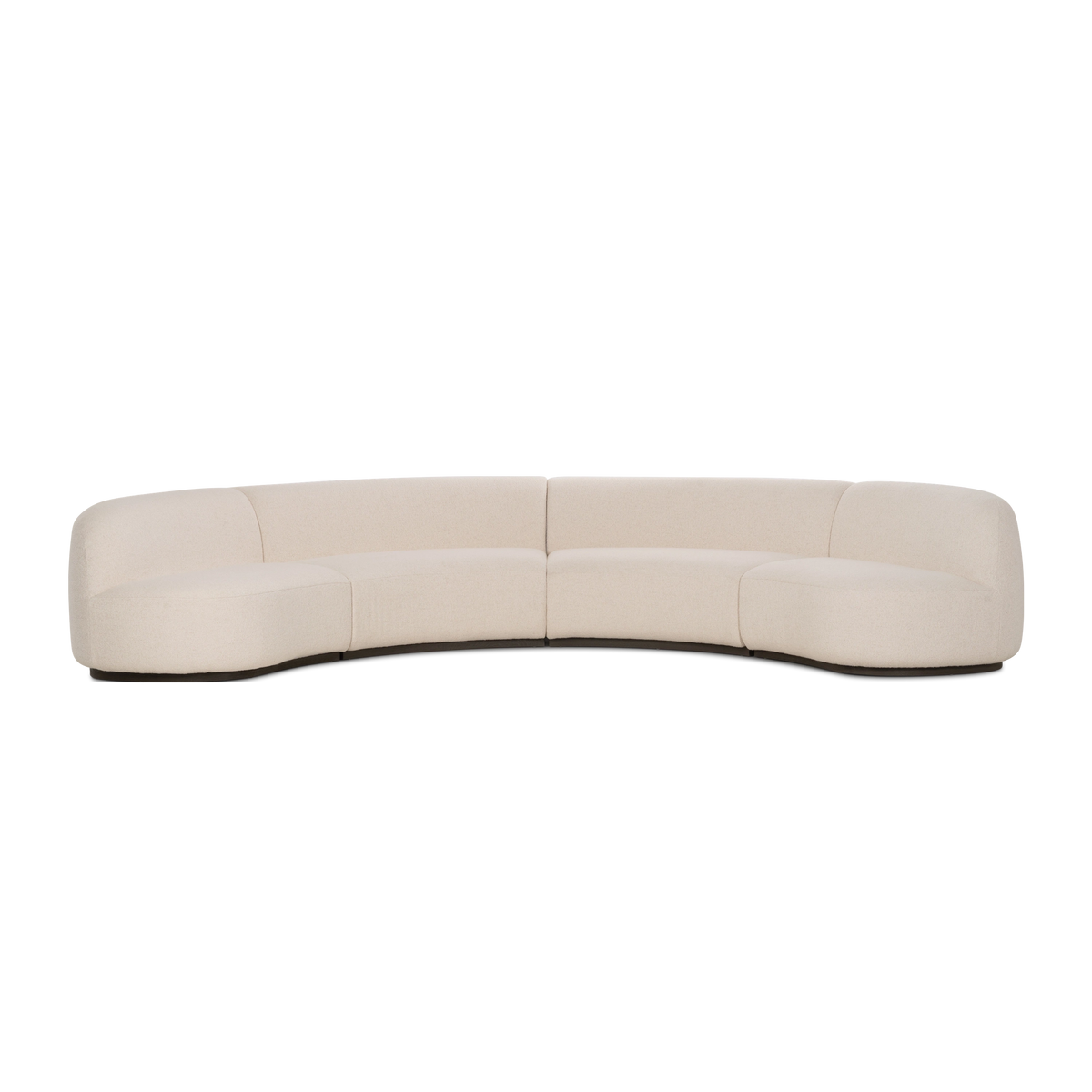 Rhine Modular Sectional Sofa shown from the front in cream bouclé, with four connected sections, softly rounded ends, and deep curved seats along a crescent shape.