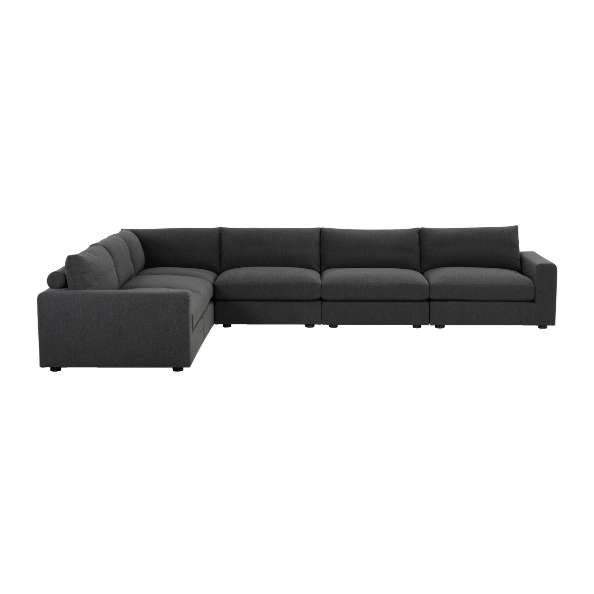 Colonna Modular Sectional shown from the front in charcoal bouclé, with the long chaise-length run of seat cushions, the corner bend, and the low round feet visible beneath the base.
