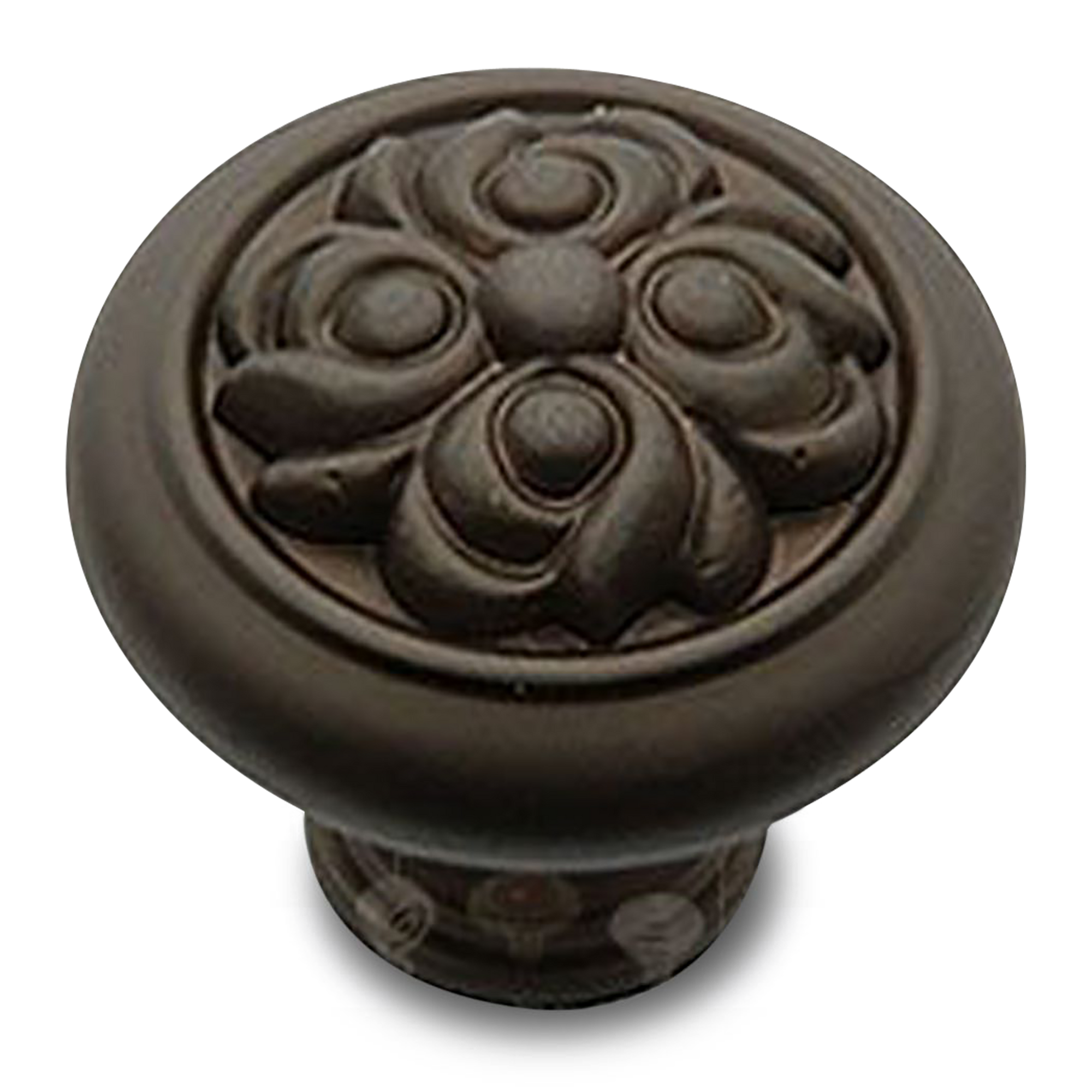 A traditional round knob with an engraved face.