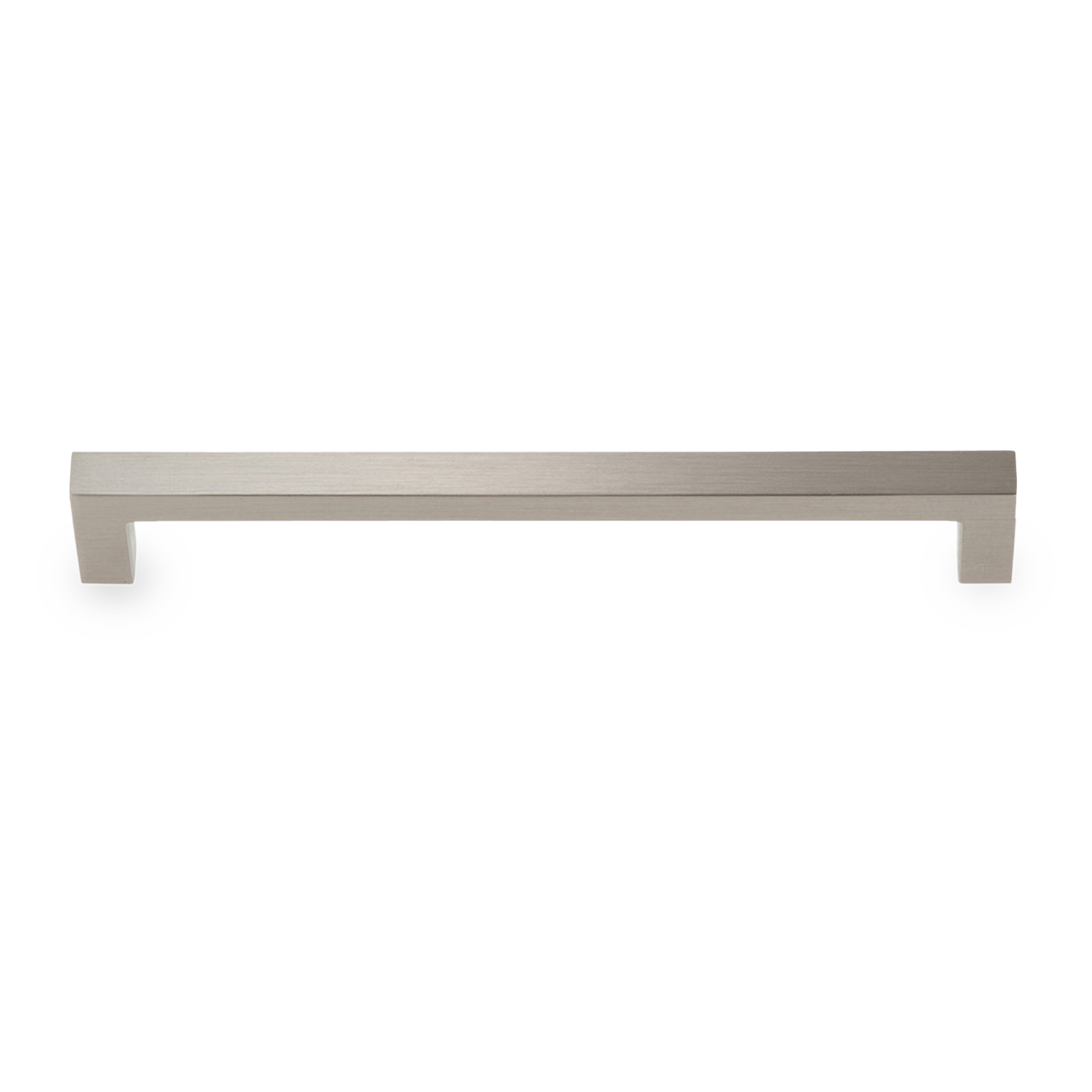 A sleek rectangular pull with a brushed nickel finish.