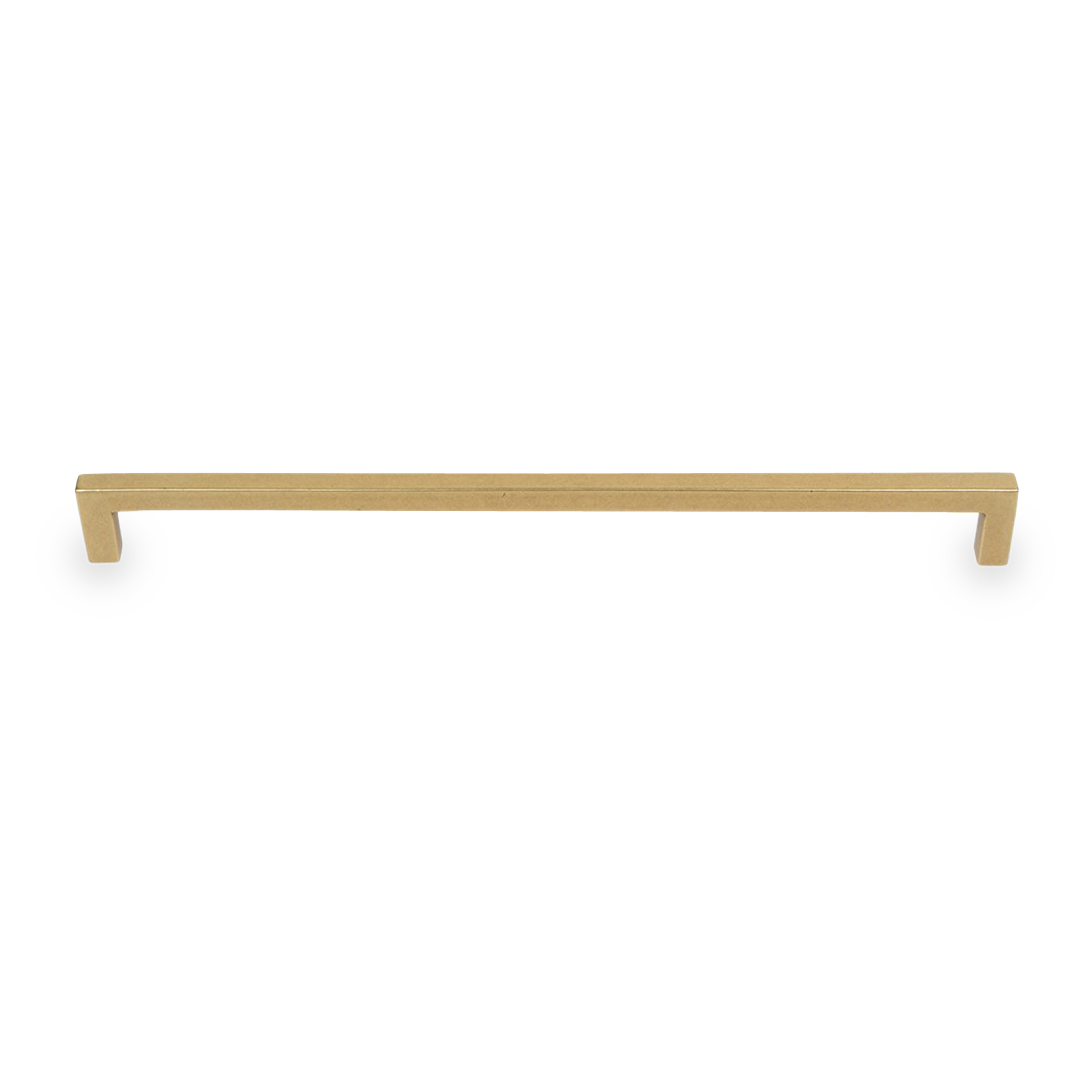 A sleek rectangular pull with a vintage brass finish.