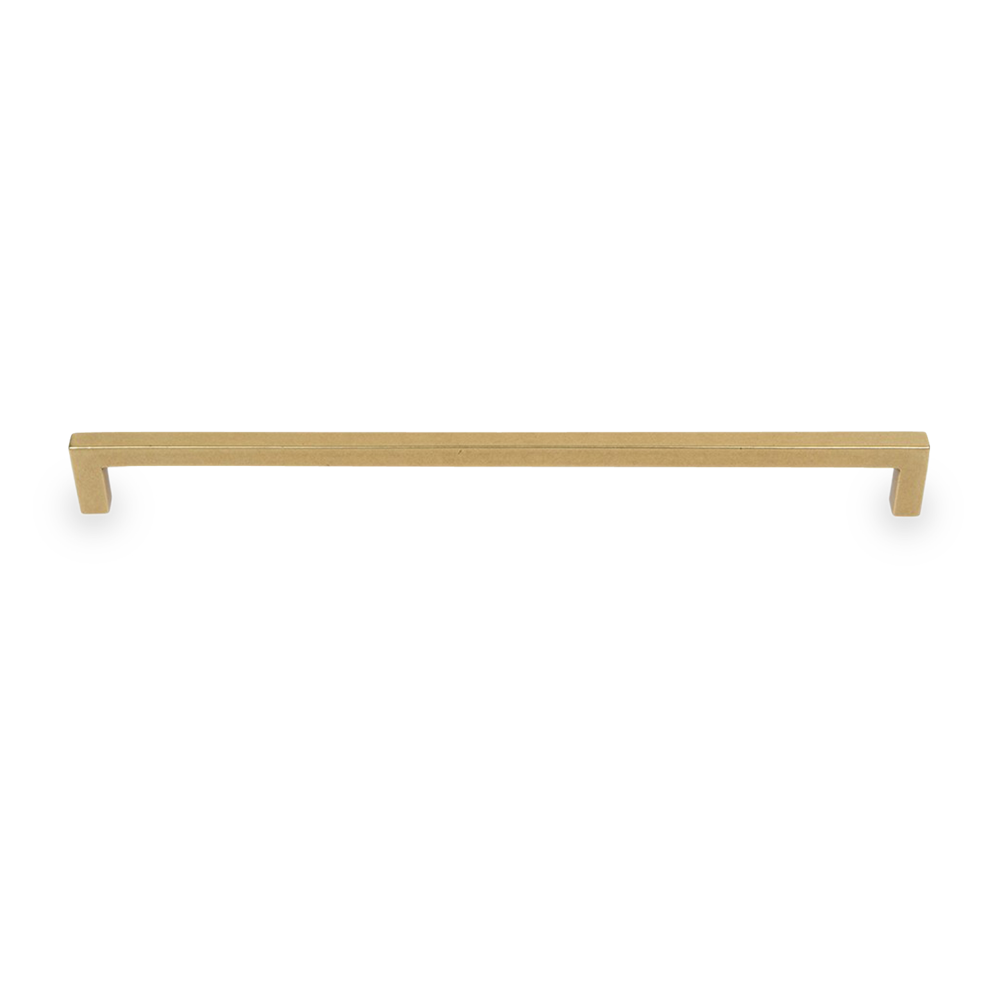 A sleek rectangular pull with a vintage brass finish.
