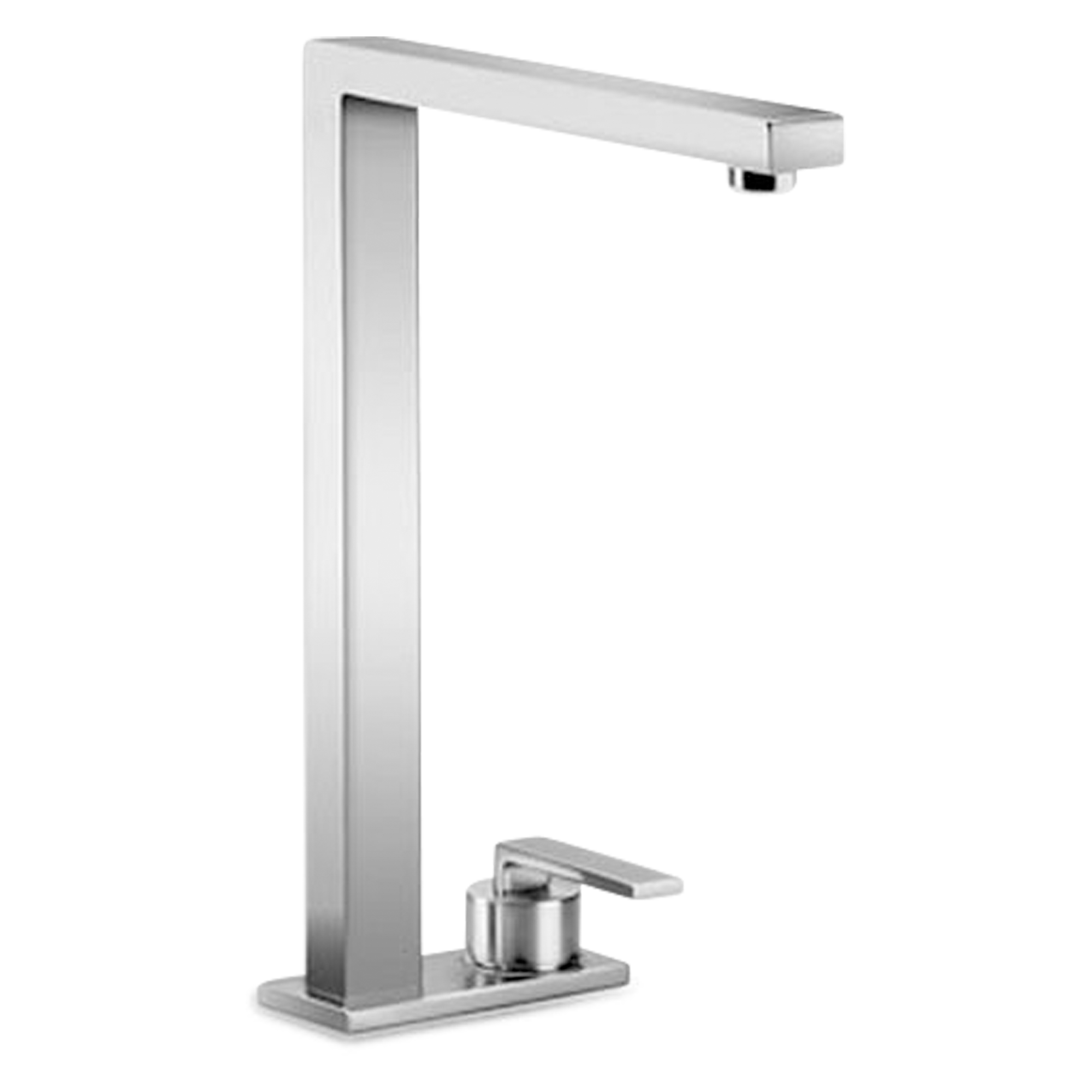 A sleek, modern, two-hole faucet with defined edges and a polished chrome finish.