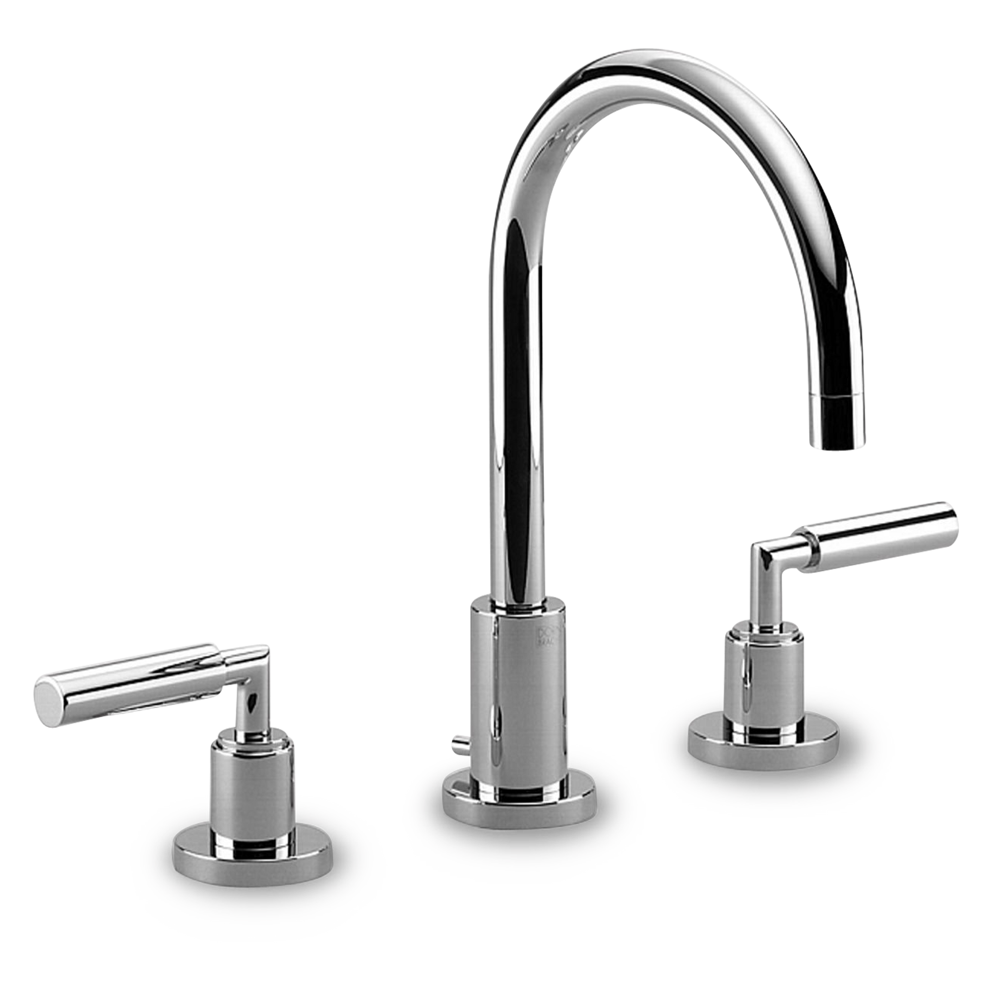 Widespread basin faucet with two L shaped lever handles.