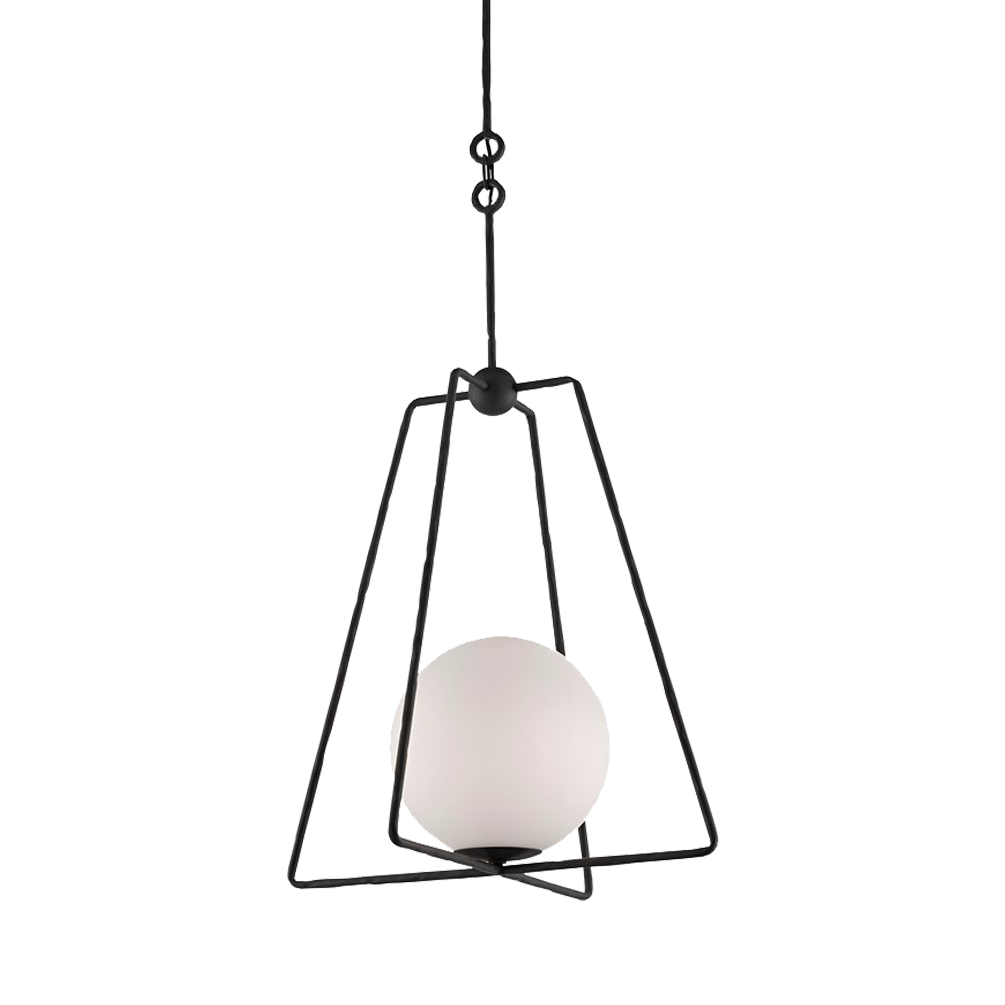 The wrought iron frame of this Globe Pendant, in an antique bronze finish, reads as if its arms are akimbo to cradle the white glass globe like a heavenly crane coddling the moon.