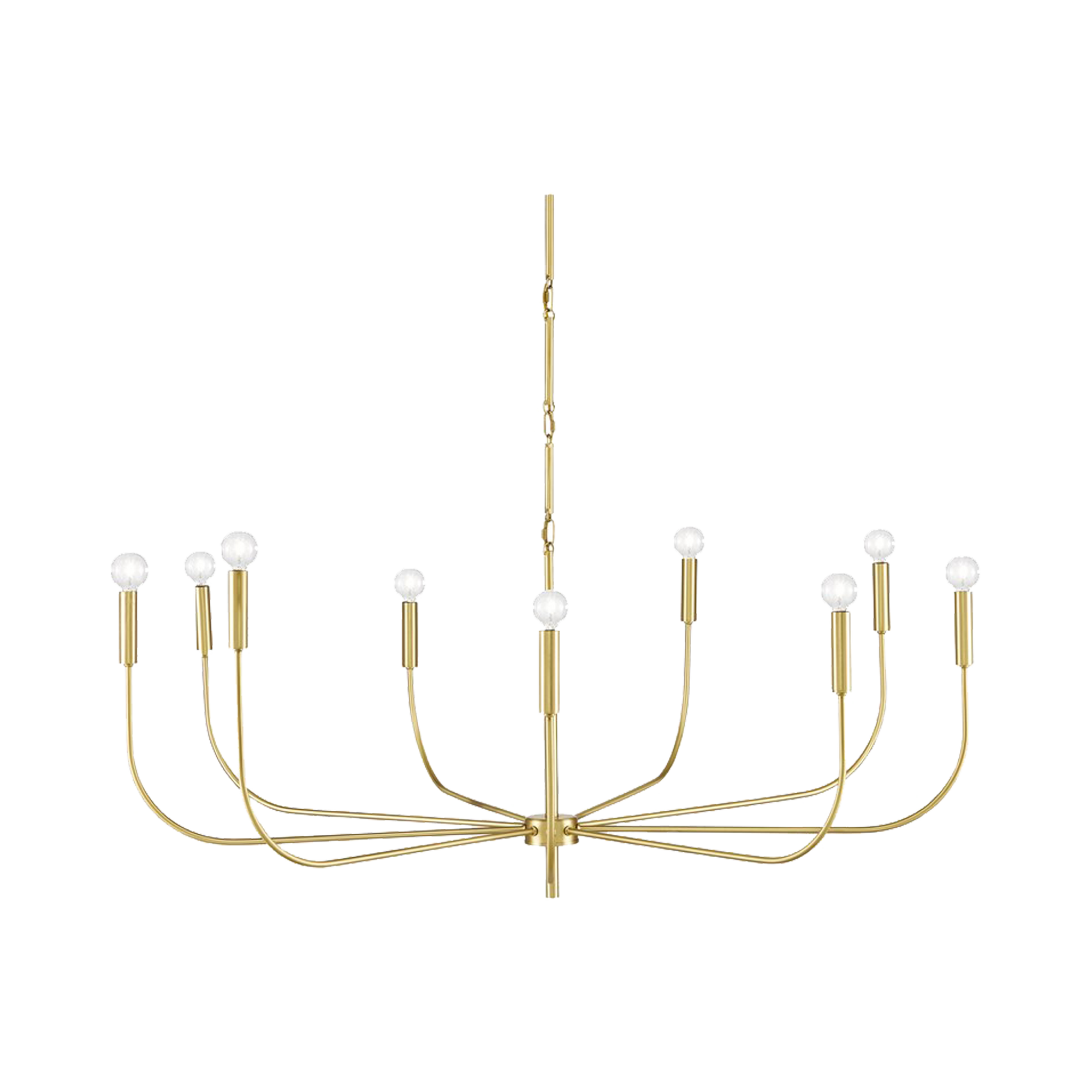 The Lepanto Chandelier fans out and reaches toward the ceiling to lift is pared-down bobeches that clasp its bulbs.